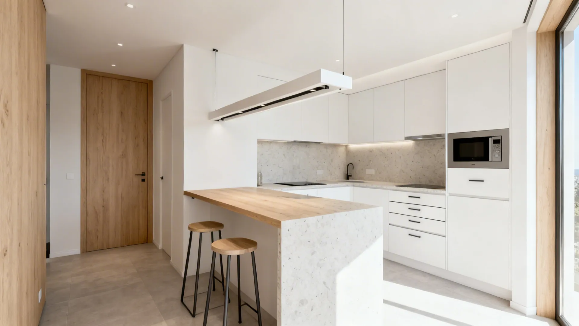 Compact kitchen peninsula extended into a counter-height table with stools and concealed supports.