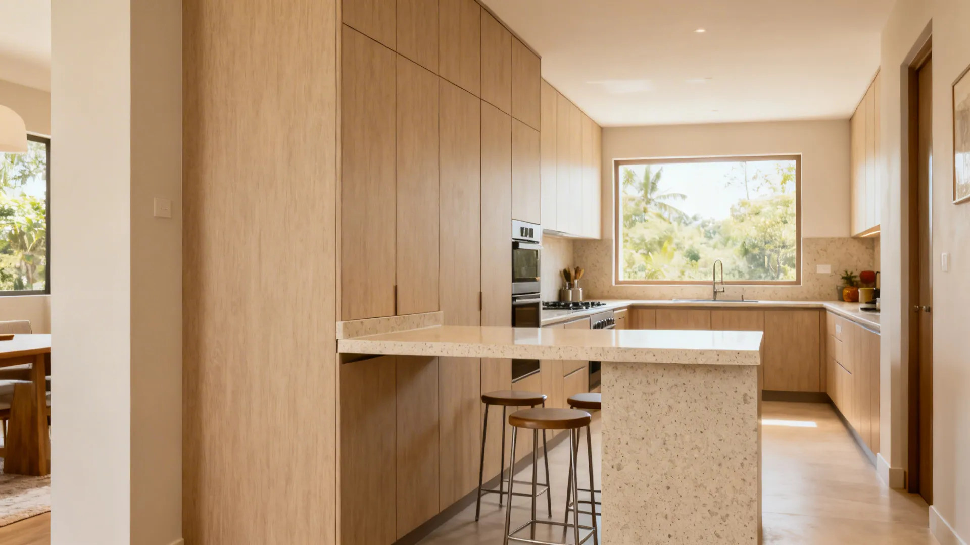 Slim peninsula-island hybrid in a narrow Indian kitchen with two-level counter and stool seating.