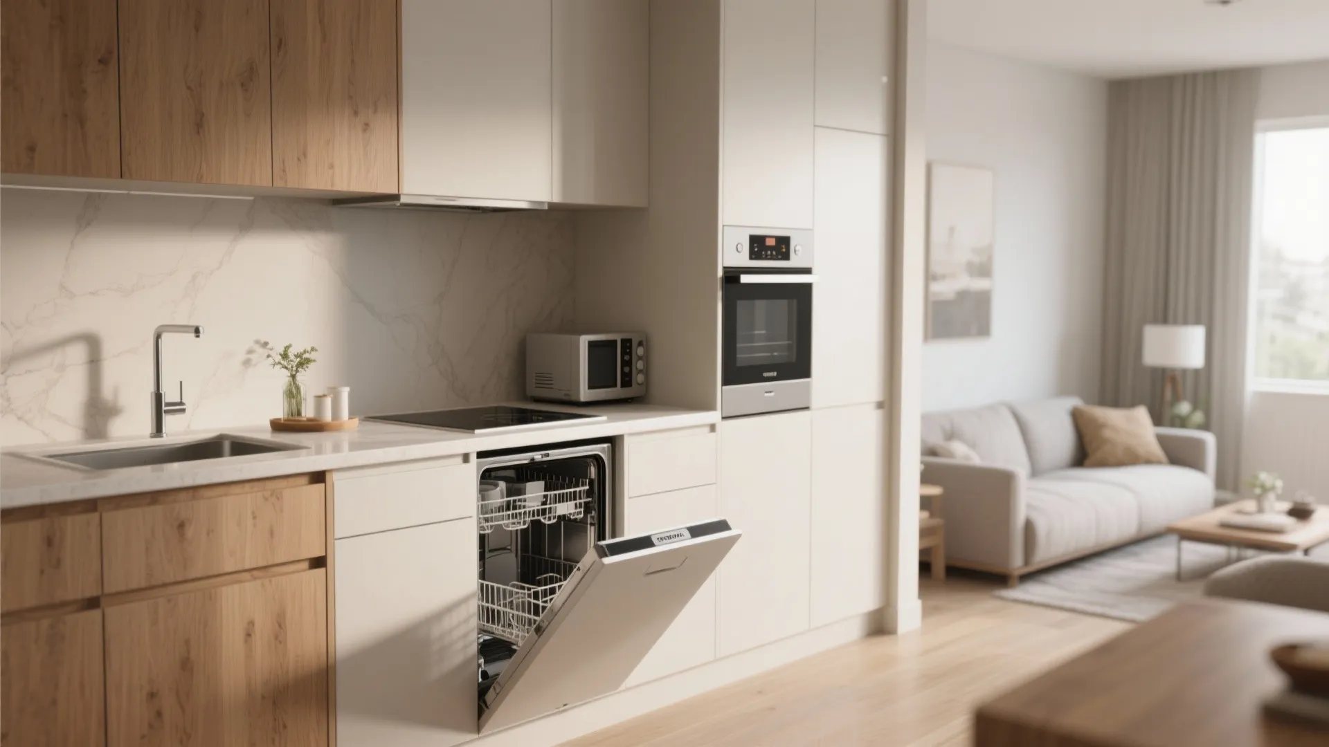 Modern kitchen with white cabinets open dishwasher built in oven and living room in background