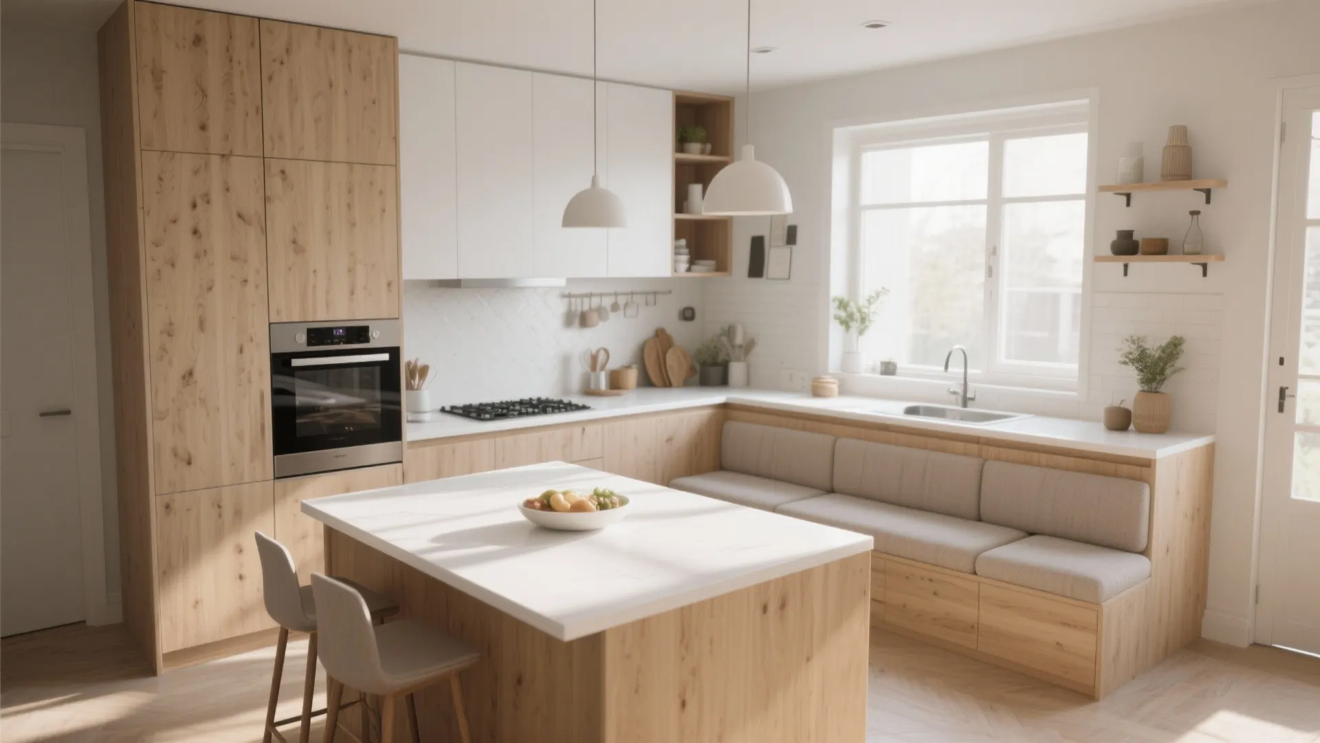 Modern kitchen with wood cabinets white countertops island seating and integrated bench by a window