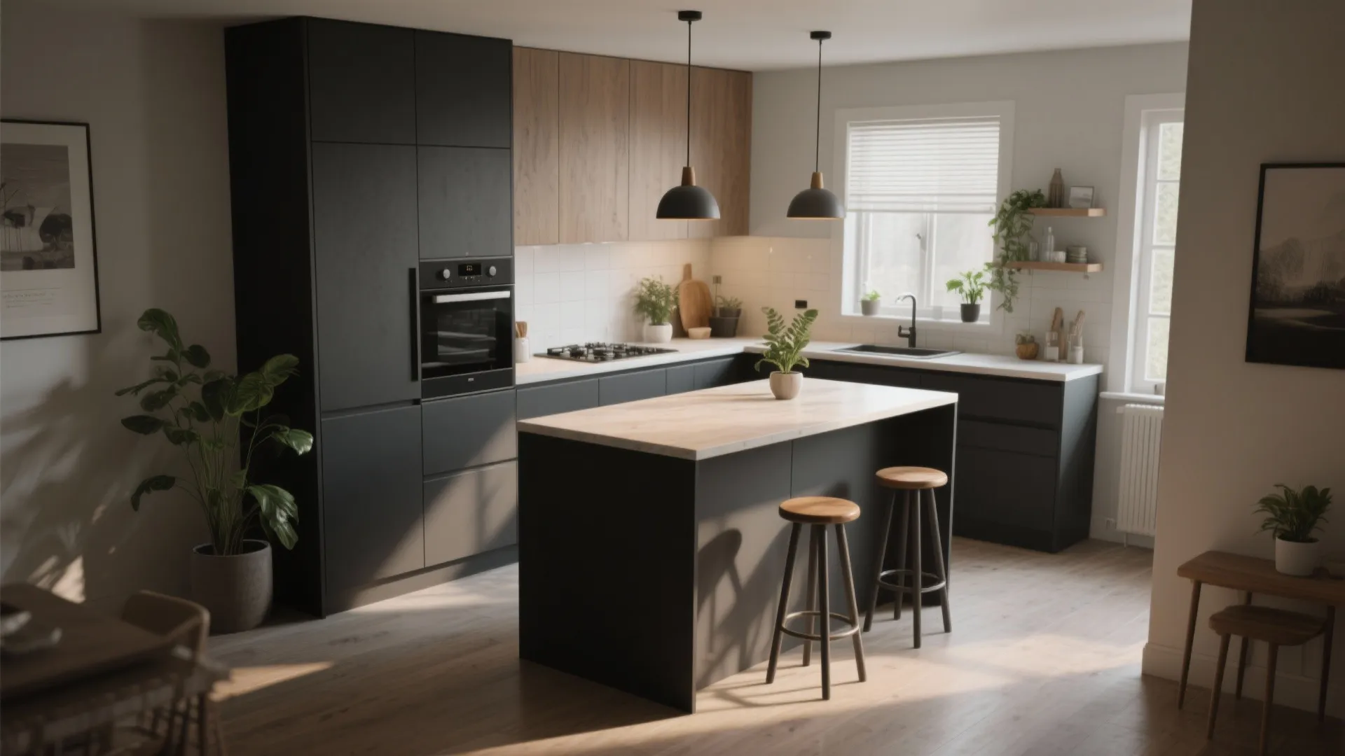 Modern black kitchen with wood island, matching bar stools, pendant lights, and large window view