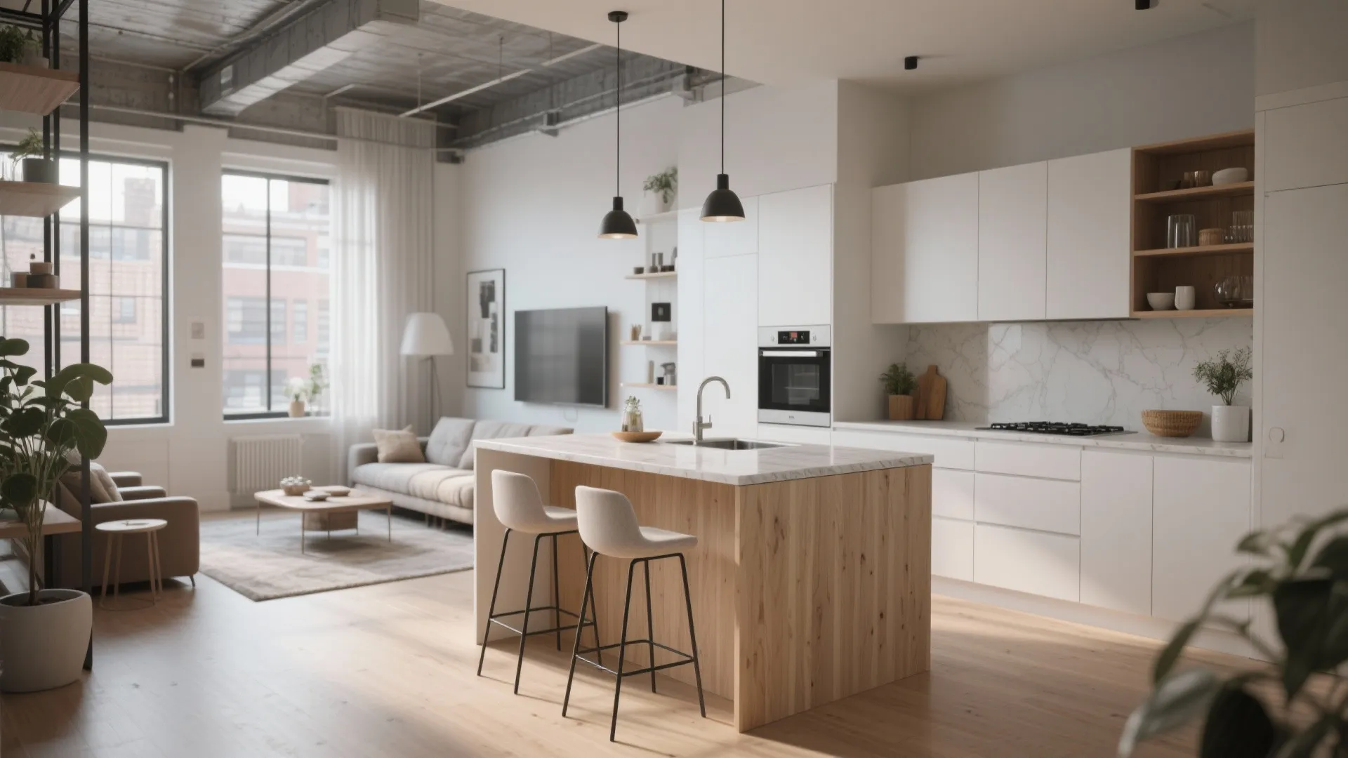 Small peninsula island with seating in open plan kitchen