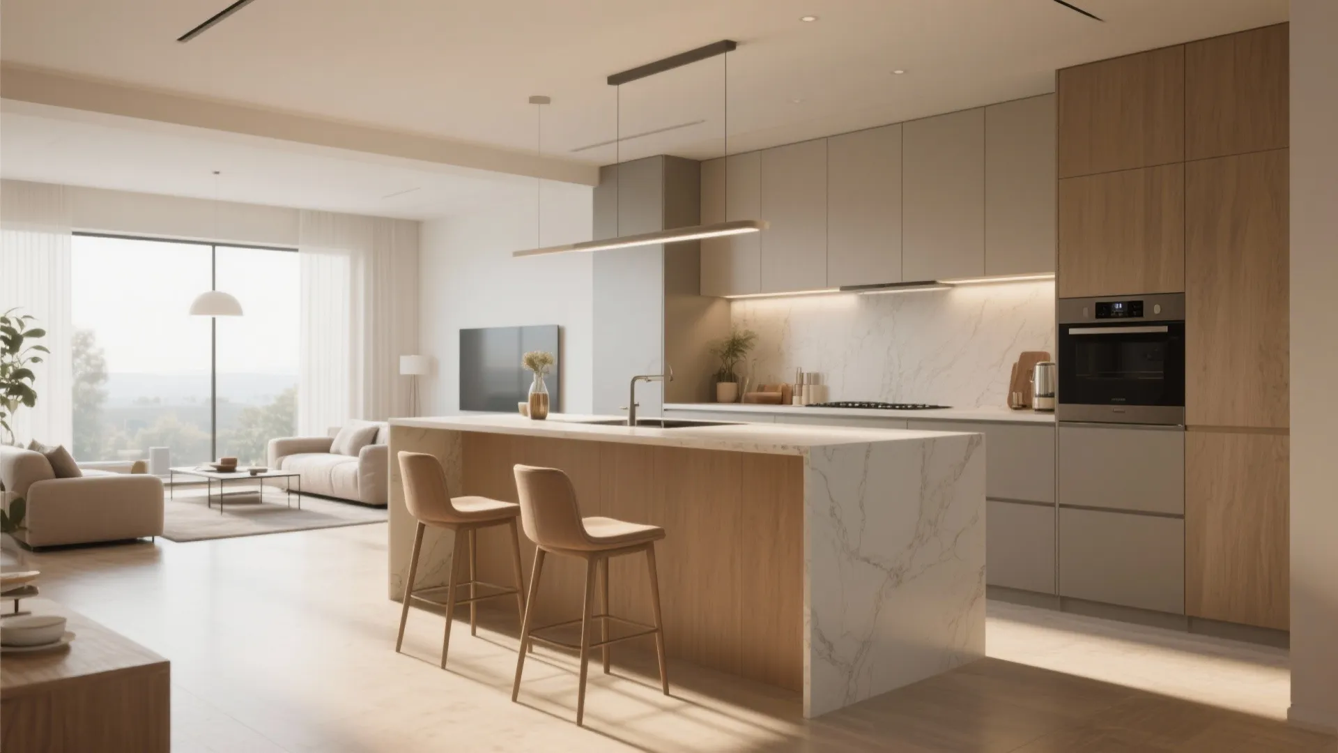 Modern open plan kitchen featuring large island with bar stools and view of living room