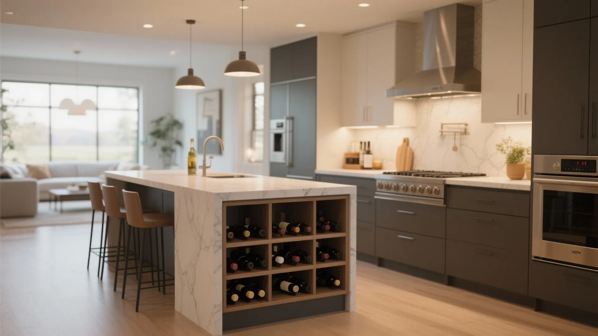 Modern grey kitchen with marble island, wooden wine storage, brown bar stools, and ceiling light
