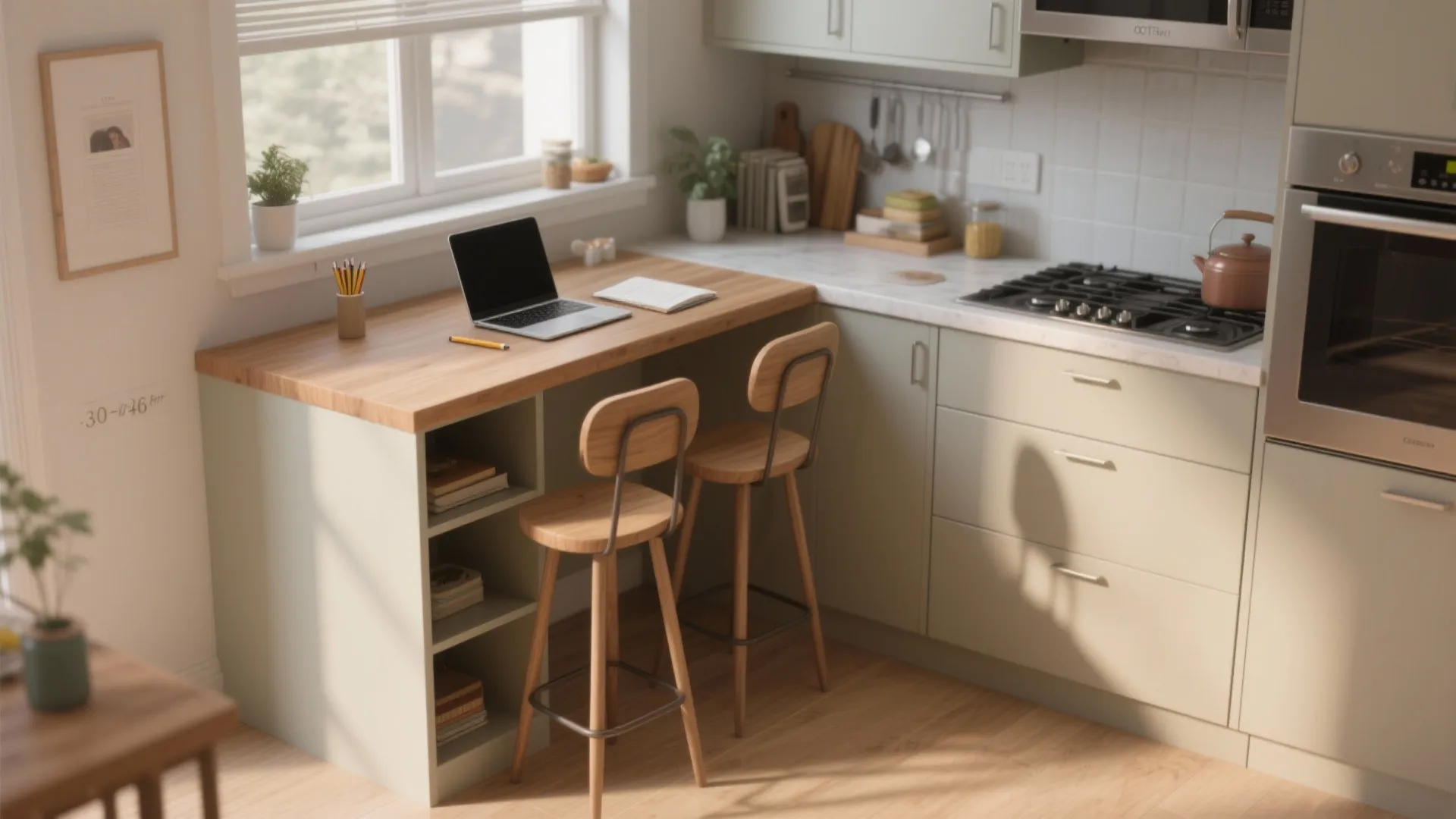 Kitchen peninsula with wooden countertop serving as a workspace with laptop and two wooden stools
