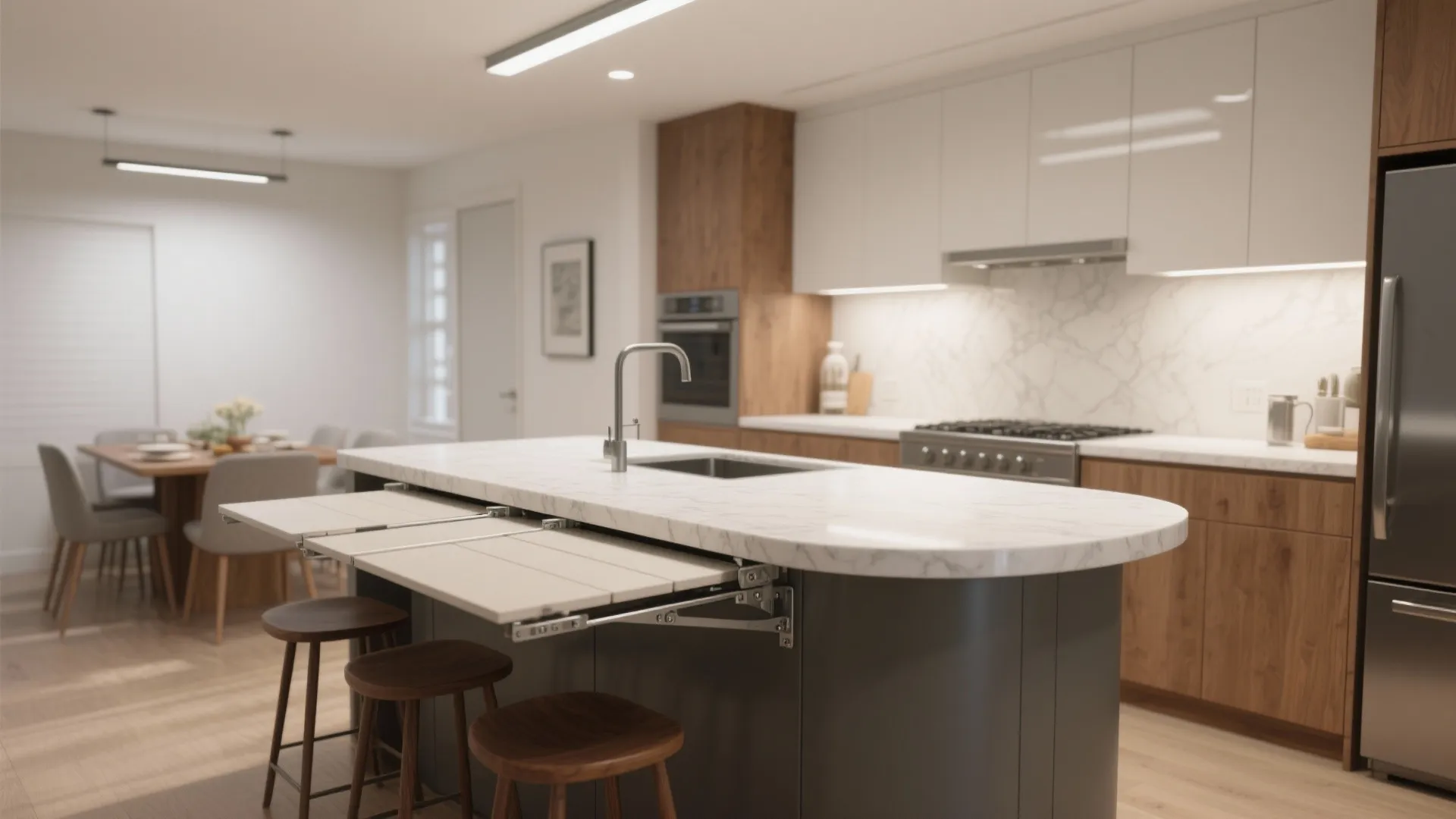 Peninsula with a drop-leaf table for flexible seating