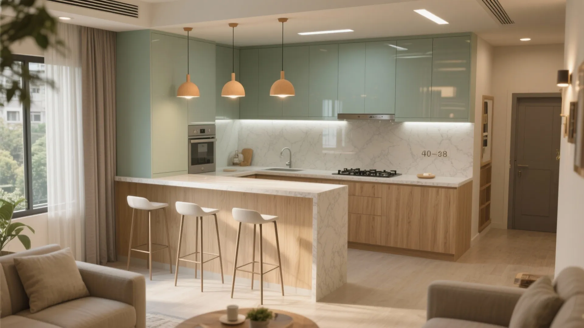 Open-plan living with a peninsula kitchen