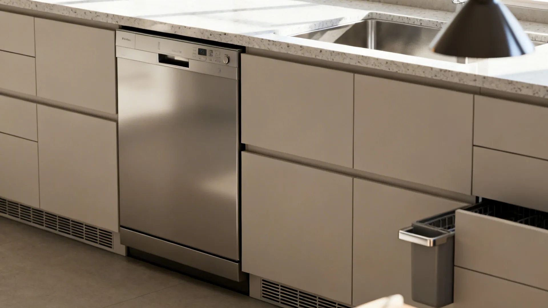 Modern kitchen featuring a built-in stainless steel dishwasher grey cabinets marble countertop and metal sink