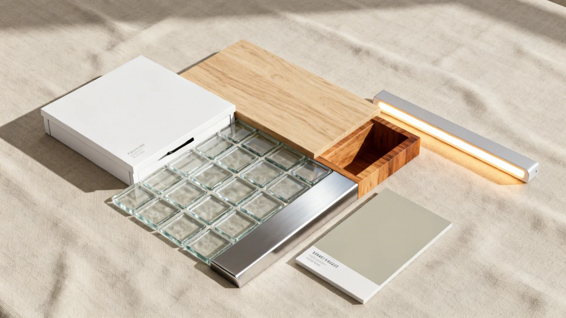 Flat lay of matte white, light oak, glass backsplash tile, brushed stainless, and butcher block for a compact peninsula kitchen.