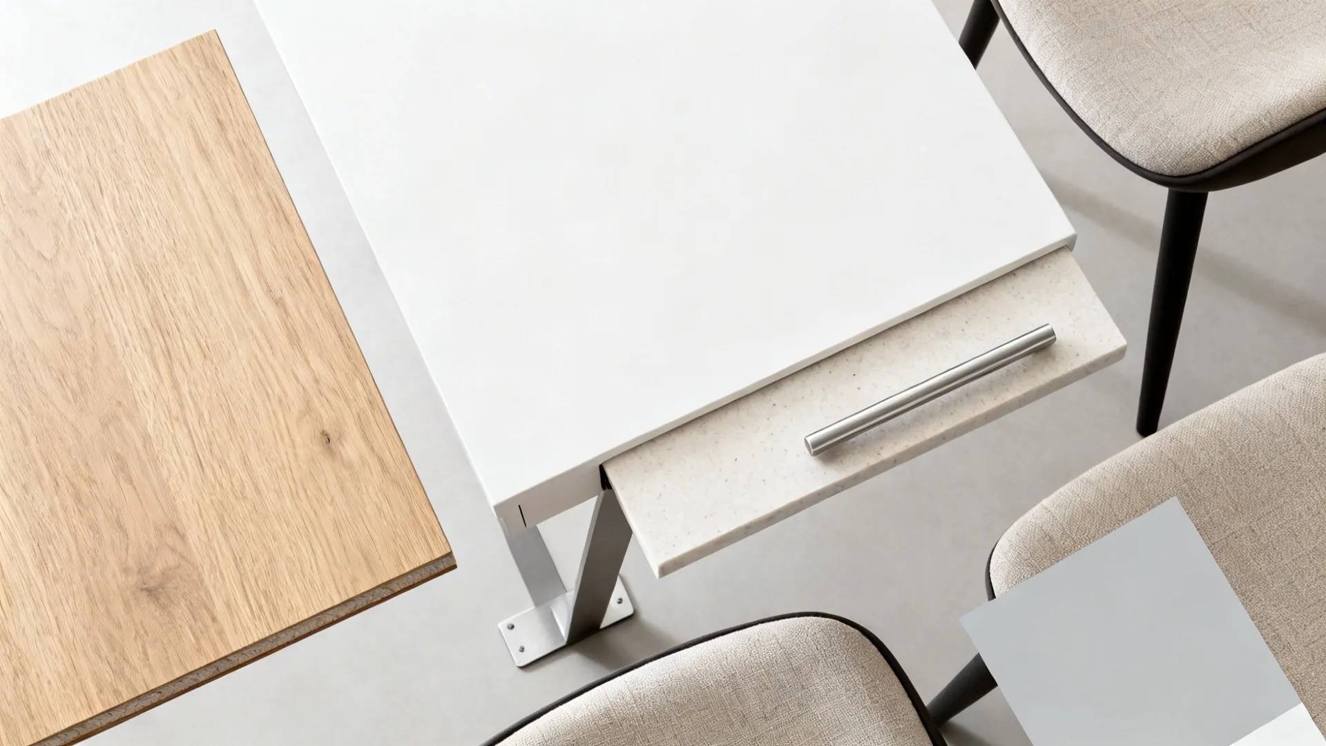 Flat lay of oak, white laminate, quartz, steel bracket, and fabric for a peninsula table.