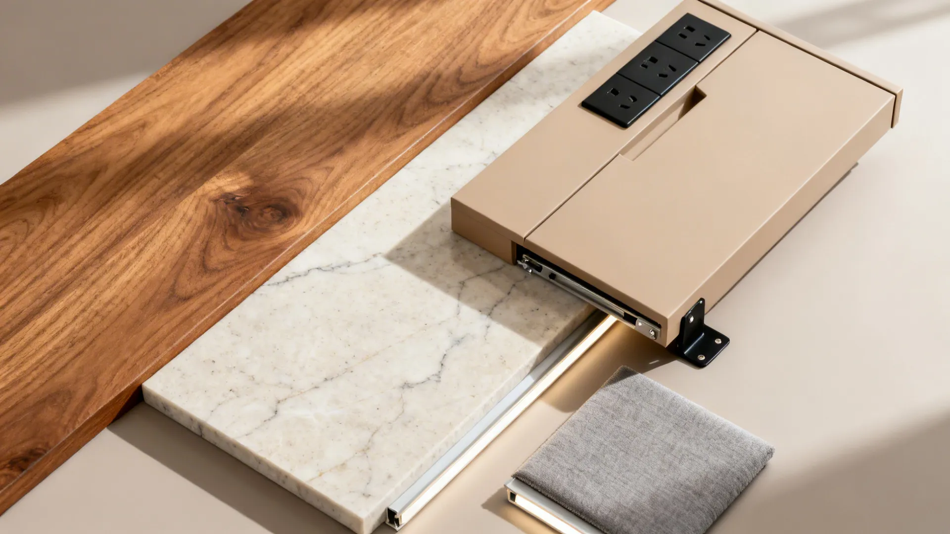 Flat lay of oak veneer, pale quartz, matte beige cabinet, and accents for a peninsula.