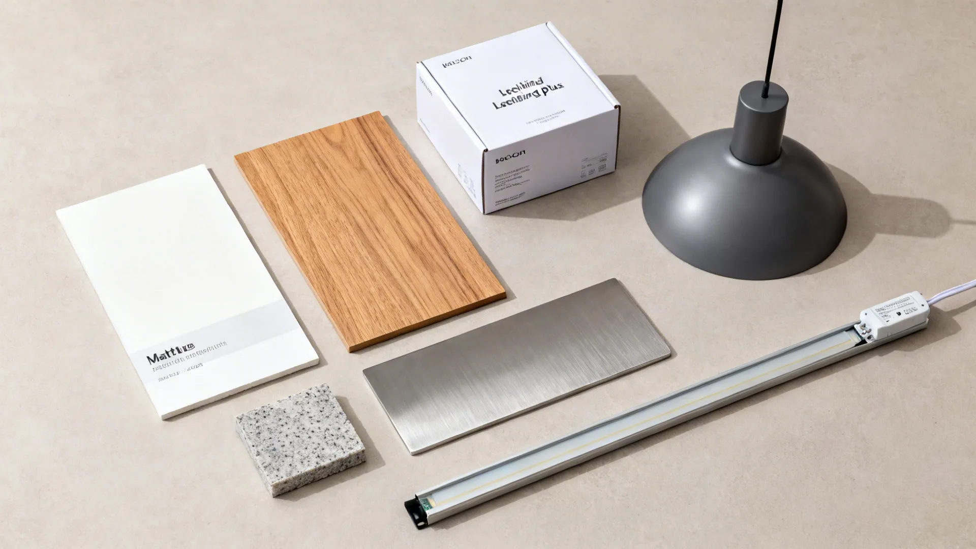 Flatlay of matte white, oak, stainless, quartz, and pendant finishes for a plus box ceiling.