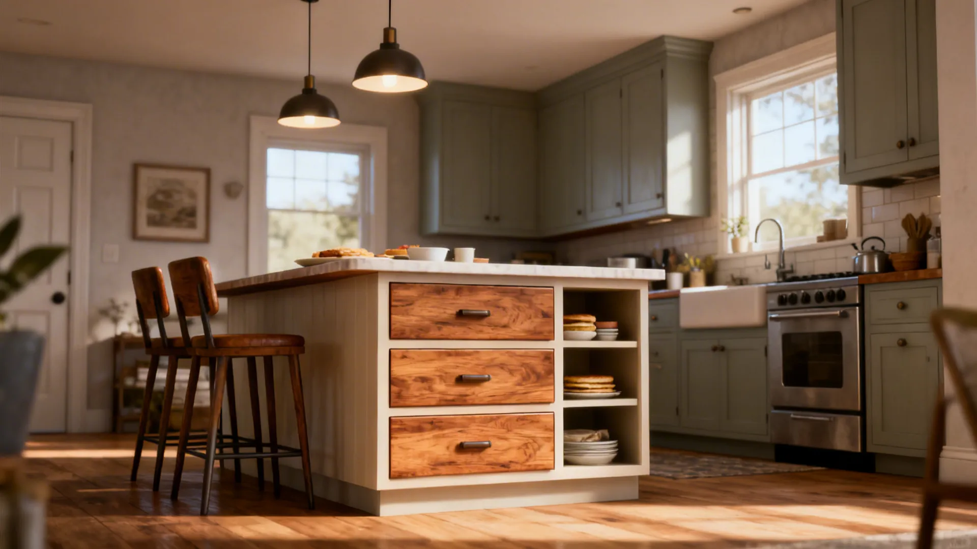 Peninsula in a small kitchen serving as a mini-island with seating and storage