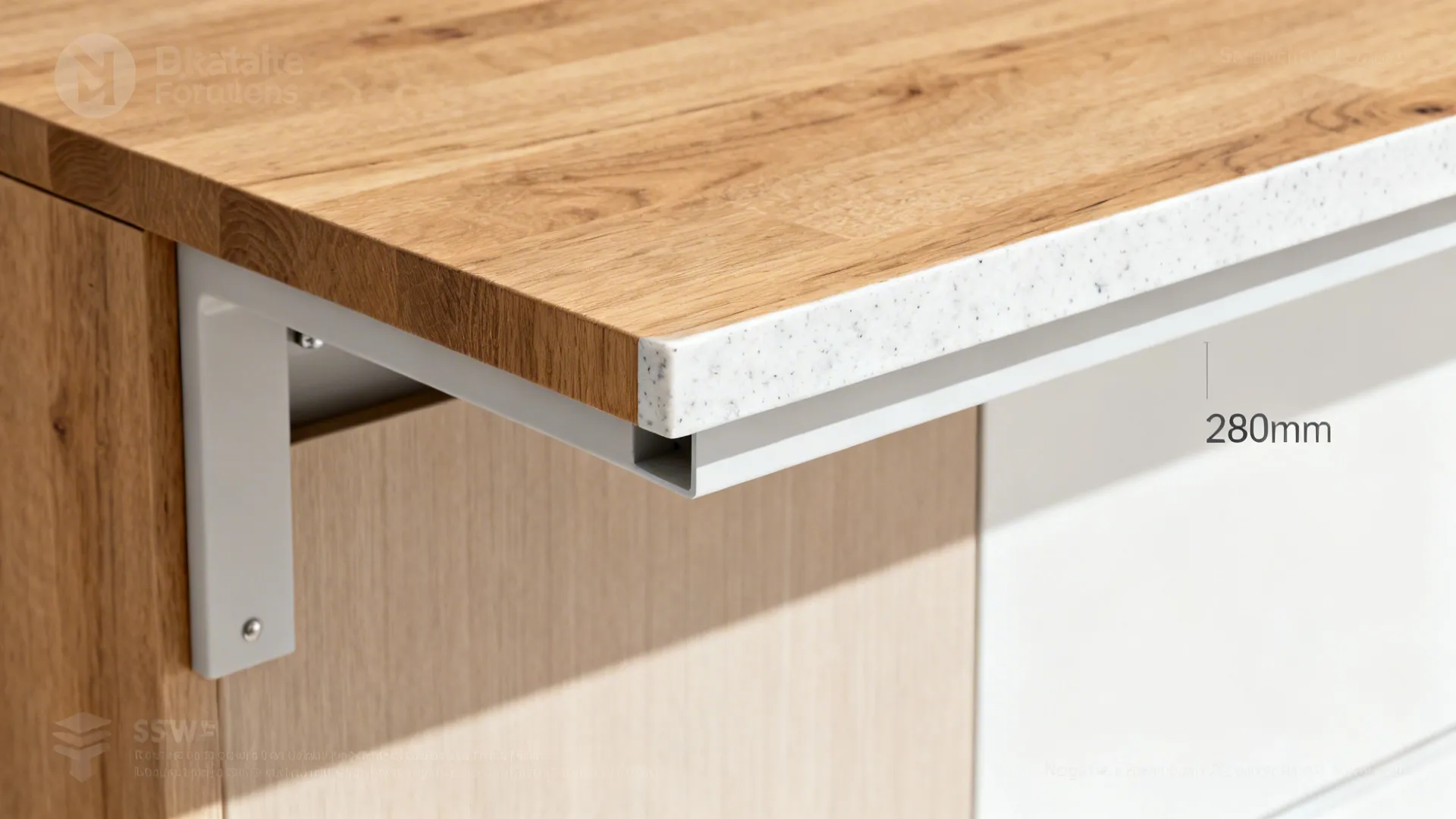 Macro detail of a quartz peninsula overhang with matte base and concealed support.