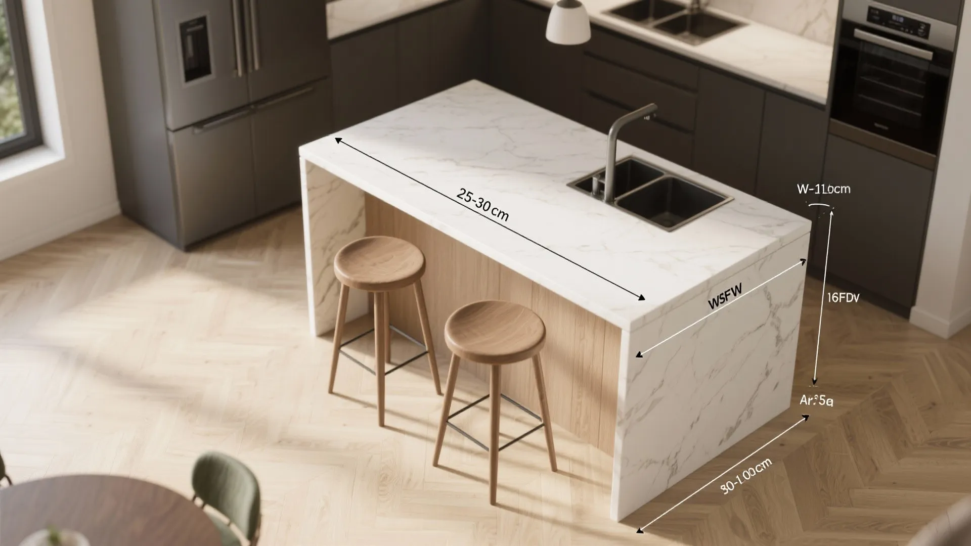 Modern kitchen island with marble top showing overhang measurement arrows and two wooden bar stools