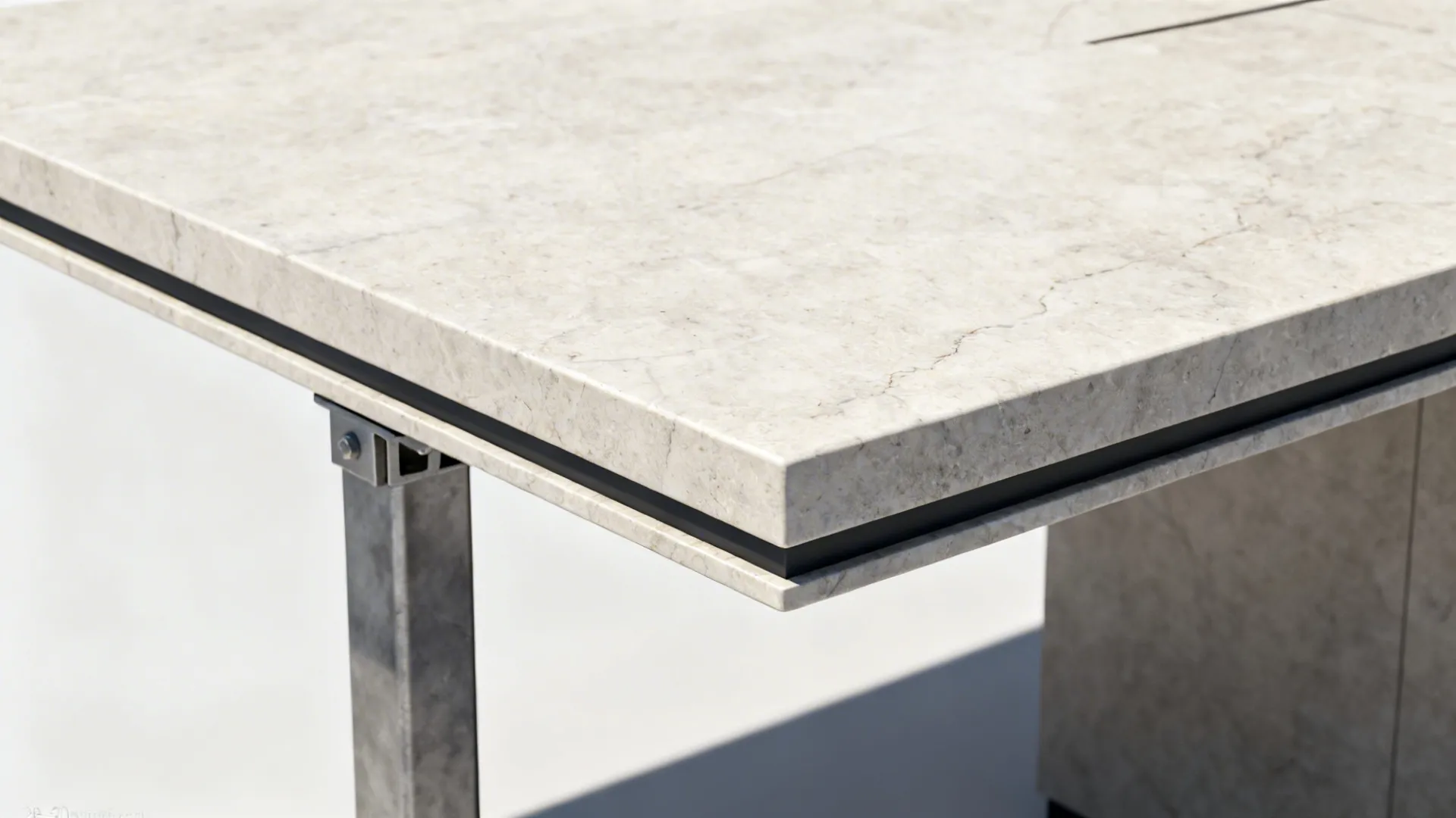 Macro of engineered stone overhang with concealed bracket on a slim peninsula.