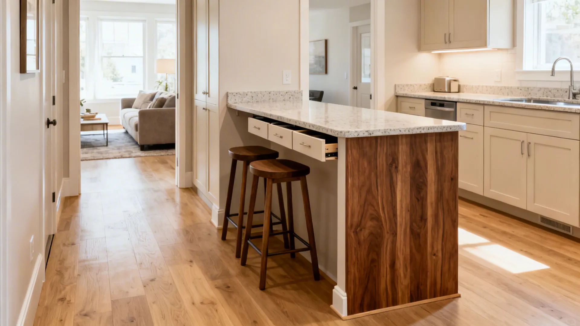 Compact peninsula with clipped corner and two stools at the corridor kitchen entrance.