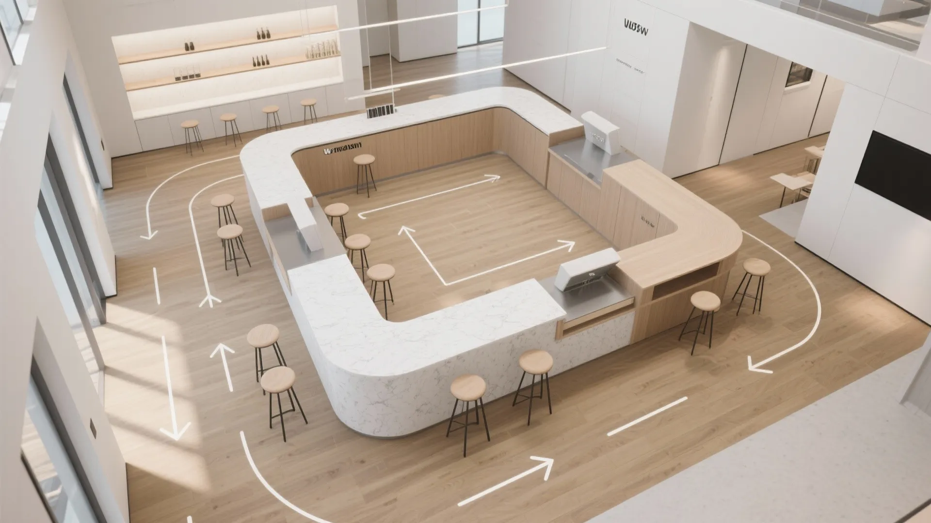 Modern cafe room layout with white marble counter, wooden floor, stools, and white movement arrows