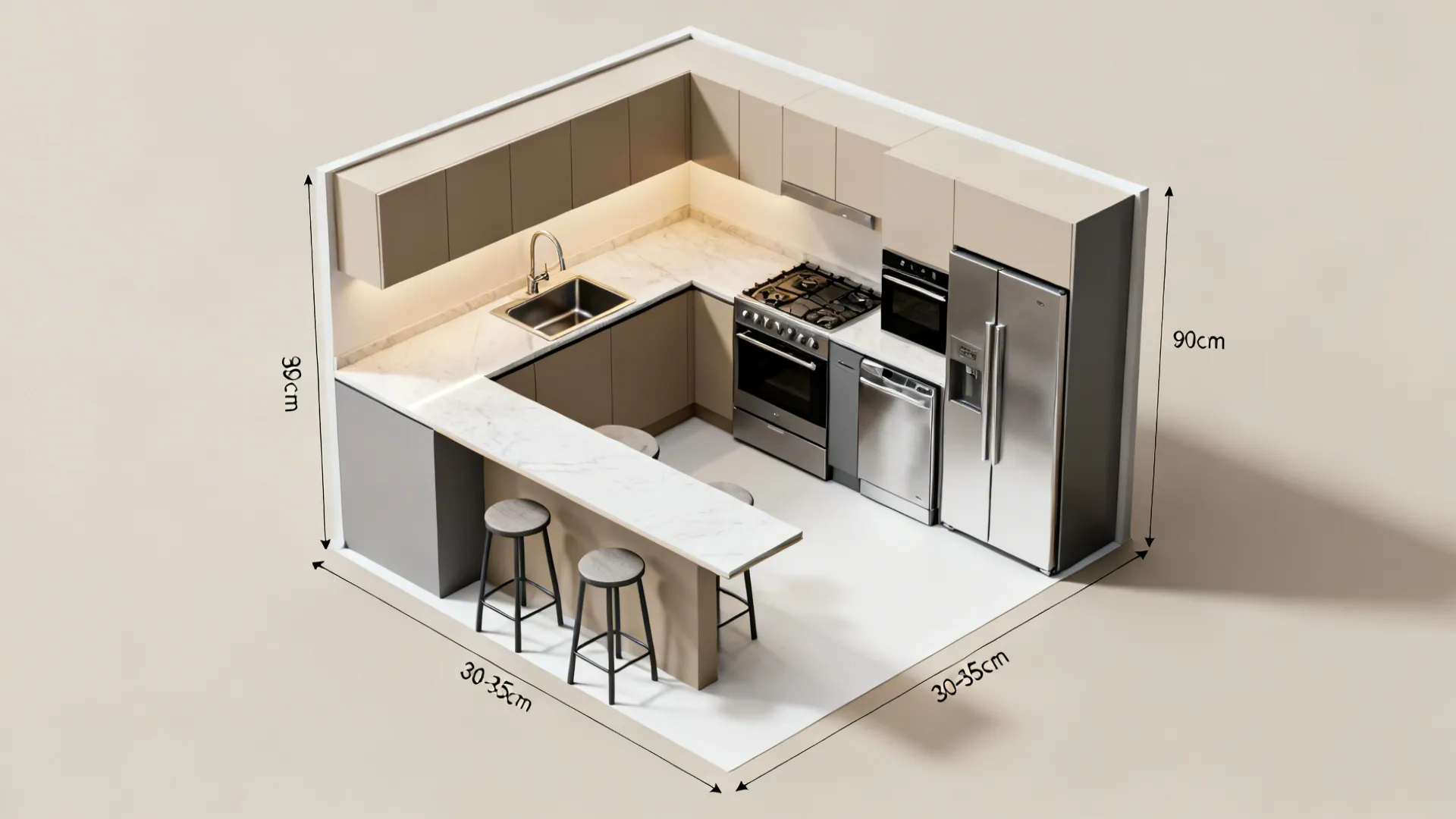 L-shaped workflow with a peninsula for seating