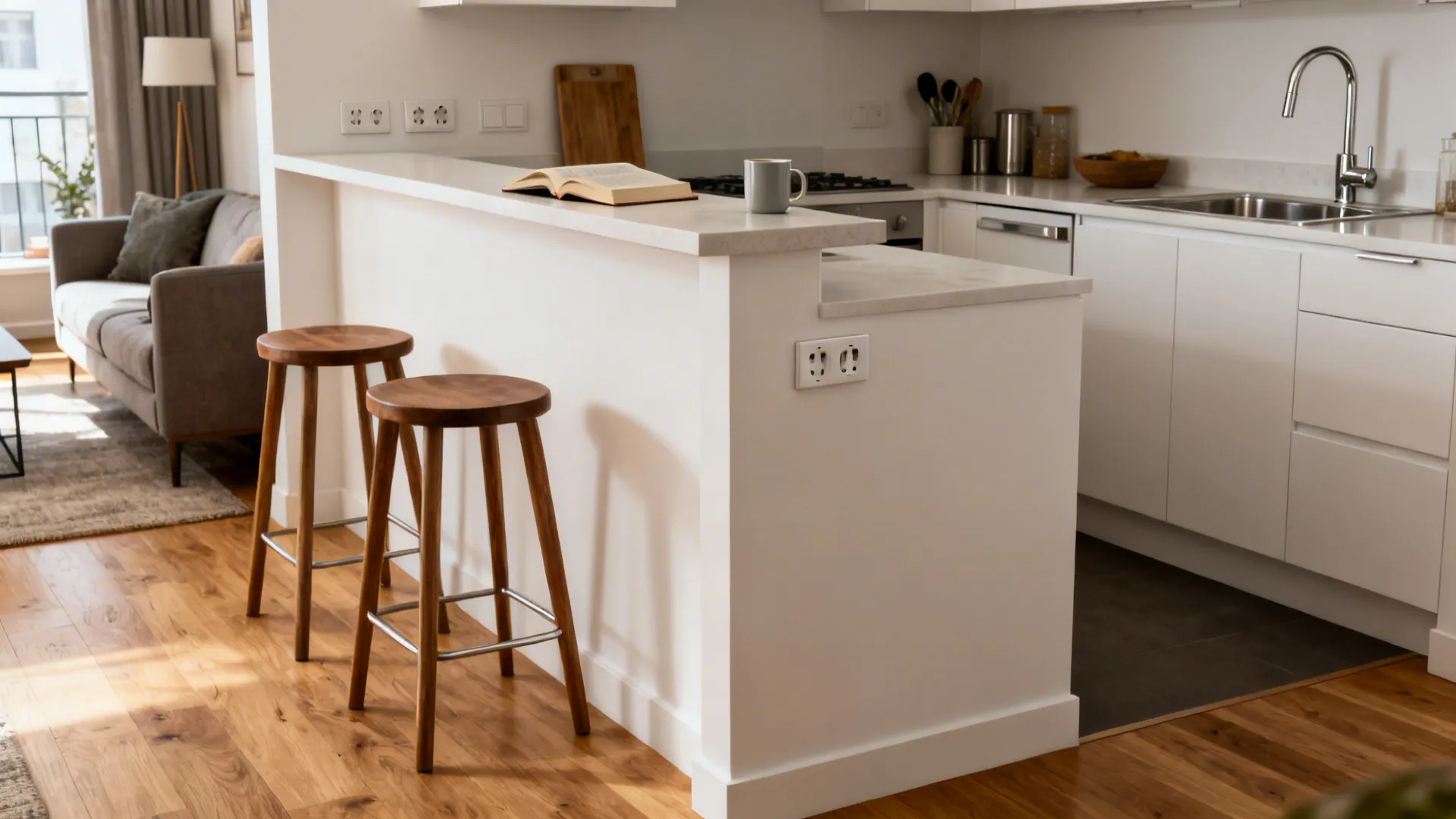 Peninsula with a half-height wall creates a subtle kitchen-living partition with stools.