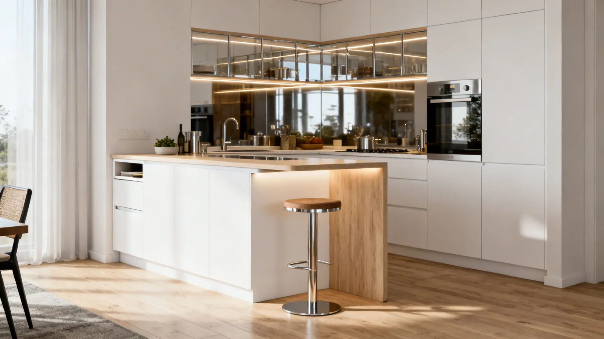 Compact kitchen with a slim peninsula providing prep space and a single seating perch facing the living area.