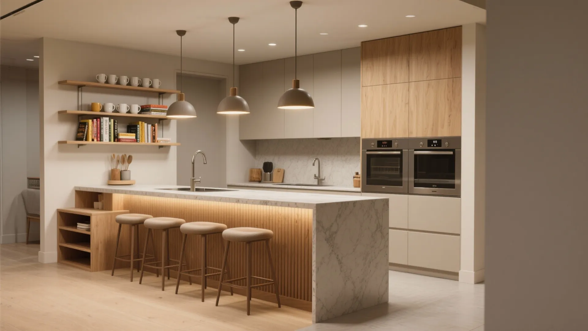 3. Peninsula with Integrated Seating and Shelving