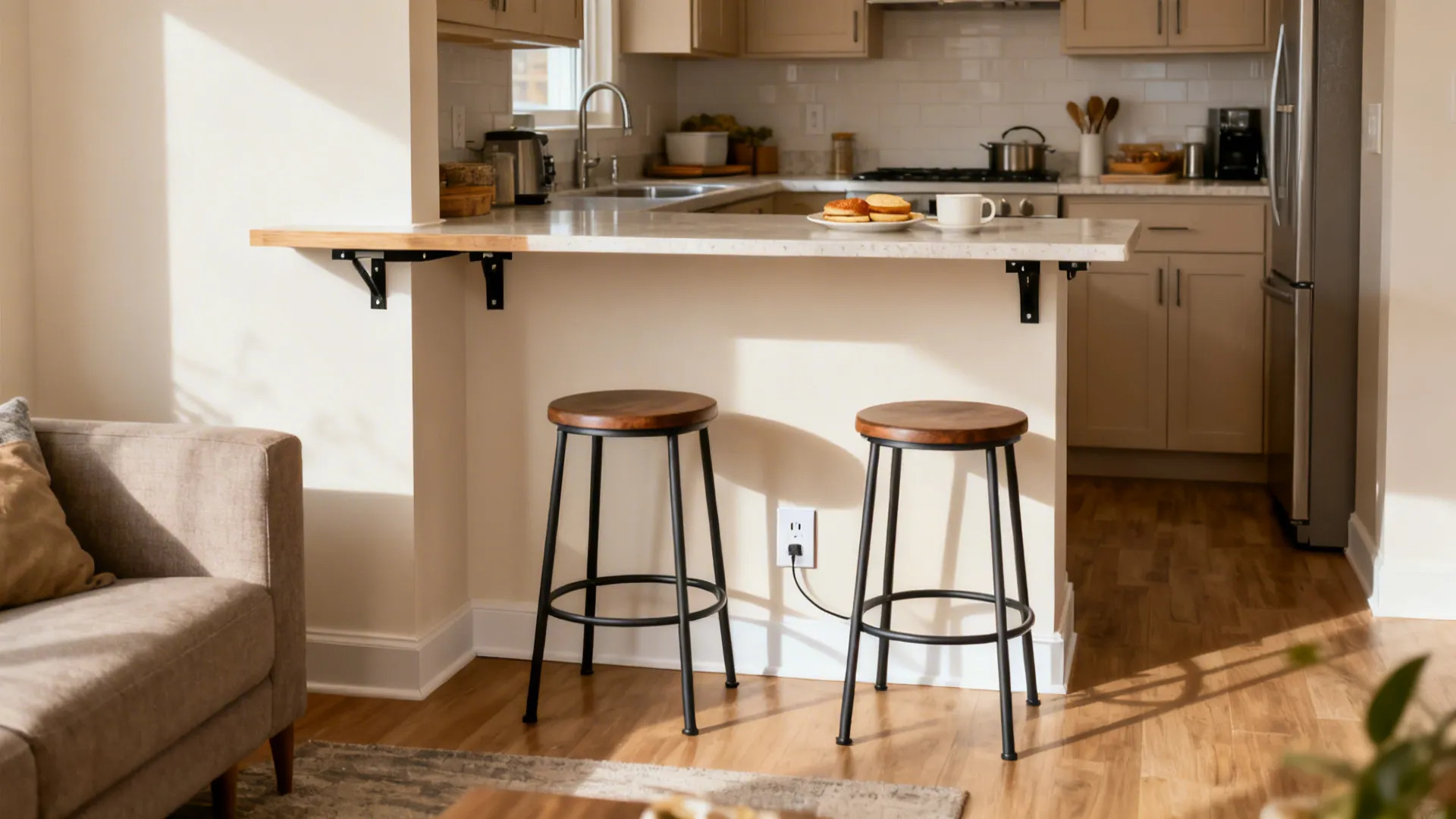 Compact condo peninsula with two stools facing each other across a dual overhang.