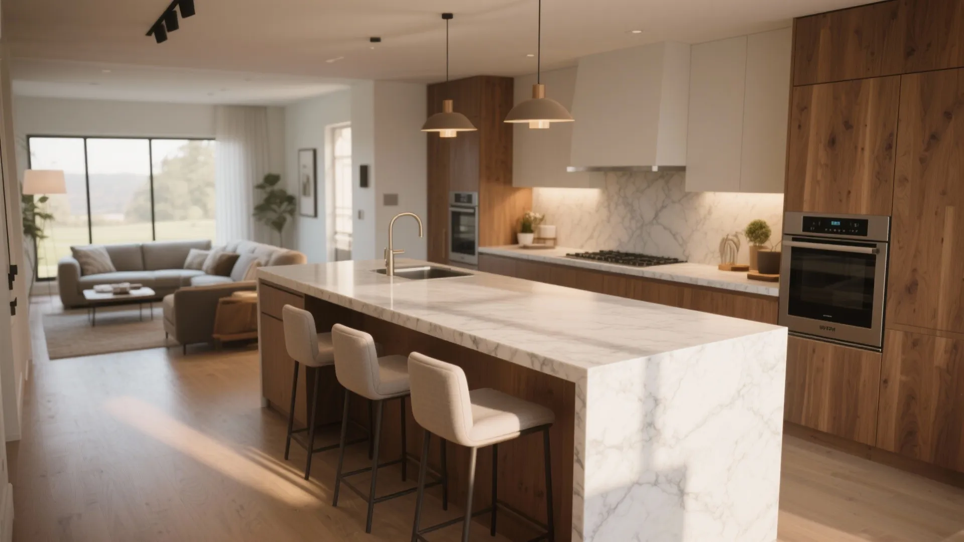 Kitchen peninsula counter with seating connecting cooking and living area