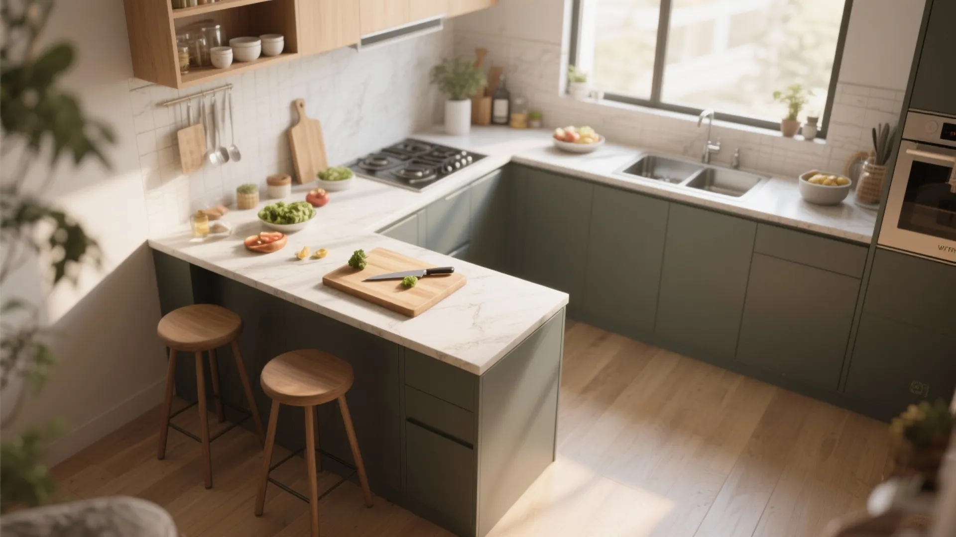 4. Peninsula Seating That Doubles as Prep