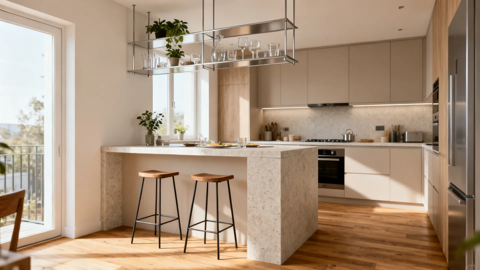 A half-height peninsula with slim overhead shelving separates kitchen and dining.