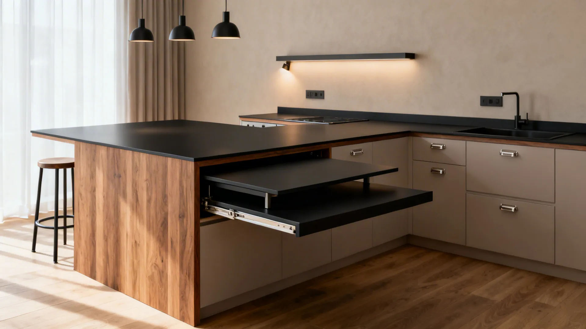 Studio kitchen peninsula with a slide-out dining table in matte Fenix and layered lighting.