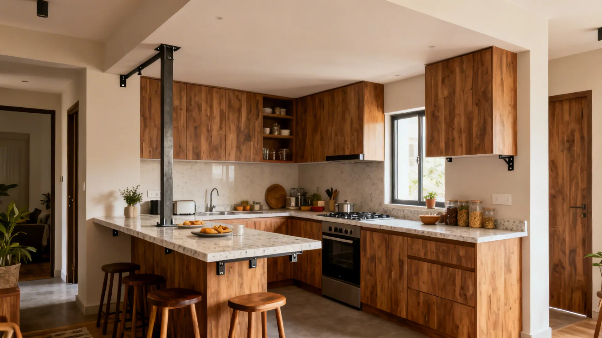 Wooden kitchen with white marble countertop, breakfast bar with stools, stove, oven, and natural light
