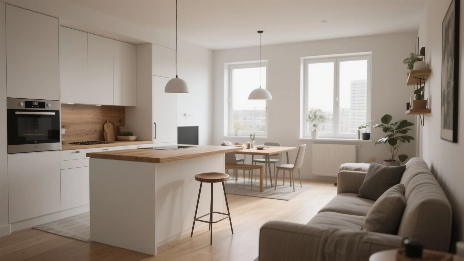 Modern open plan kitchen with white cabinets wooden counter island sofa and dining table setup design