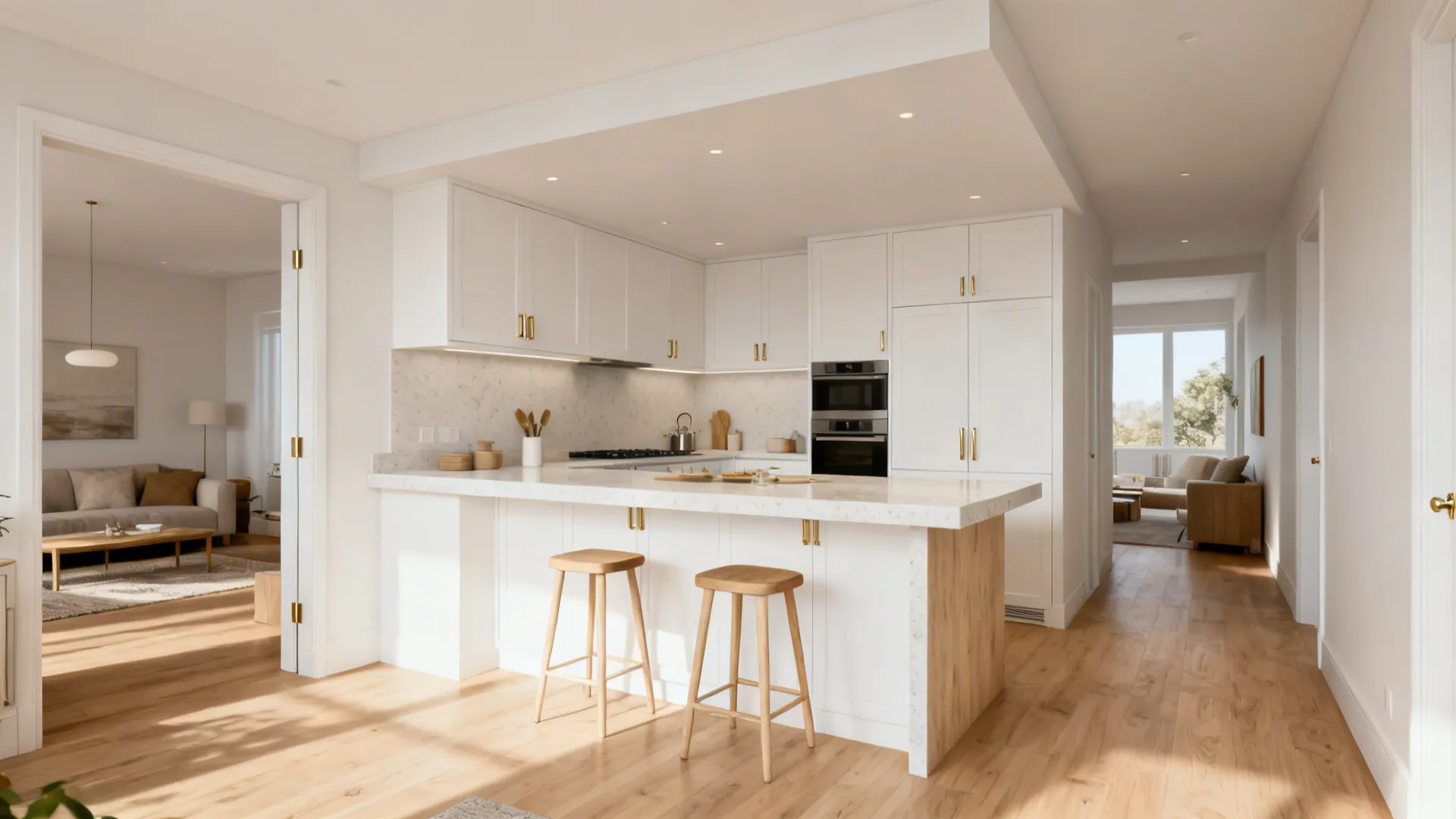 Compact kitchen with a 1500 mm peninsula serving as a dining counter with stools.