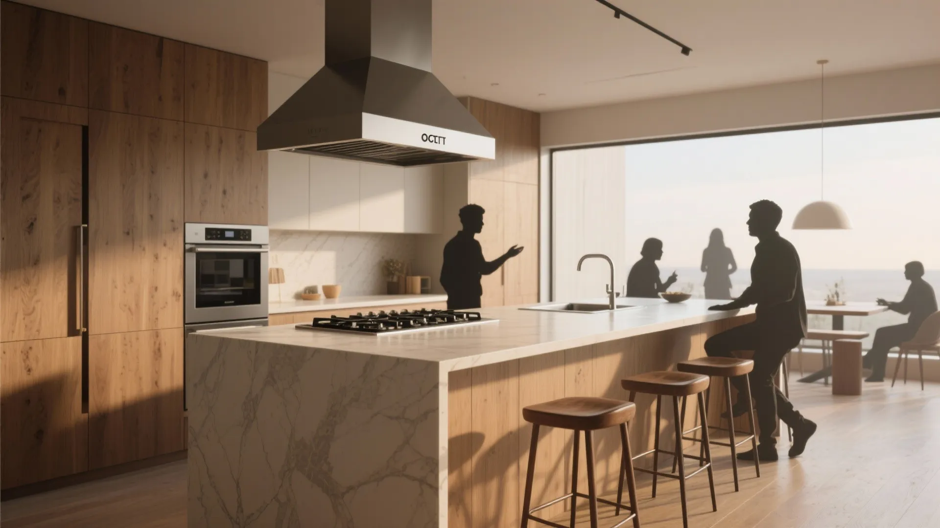 Modern open kitchen with marble island wooden cabinets bar stools and people silhouettes in background