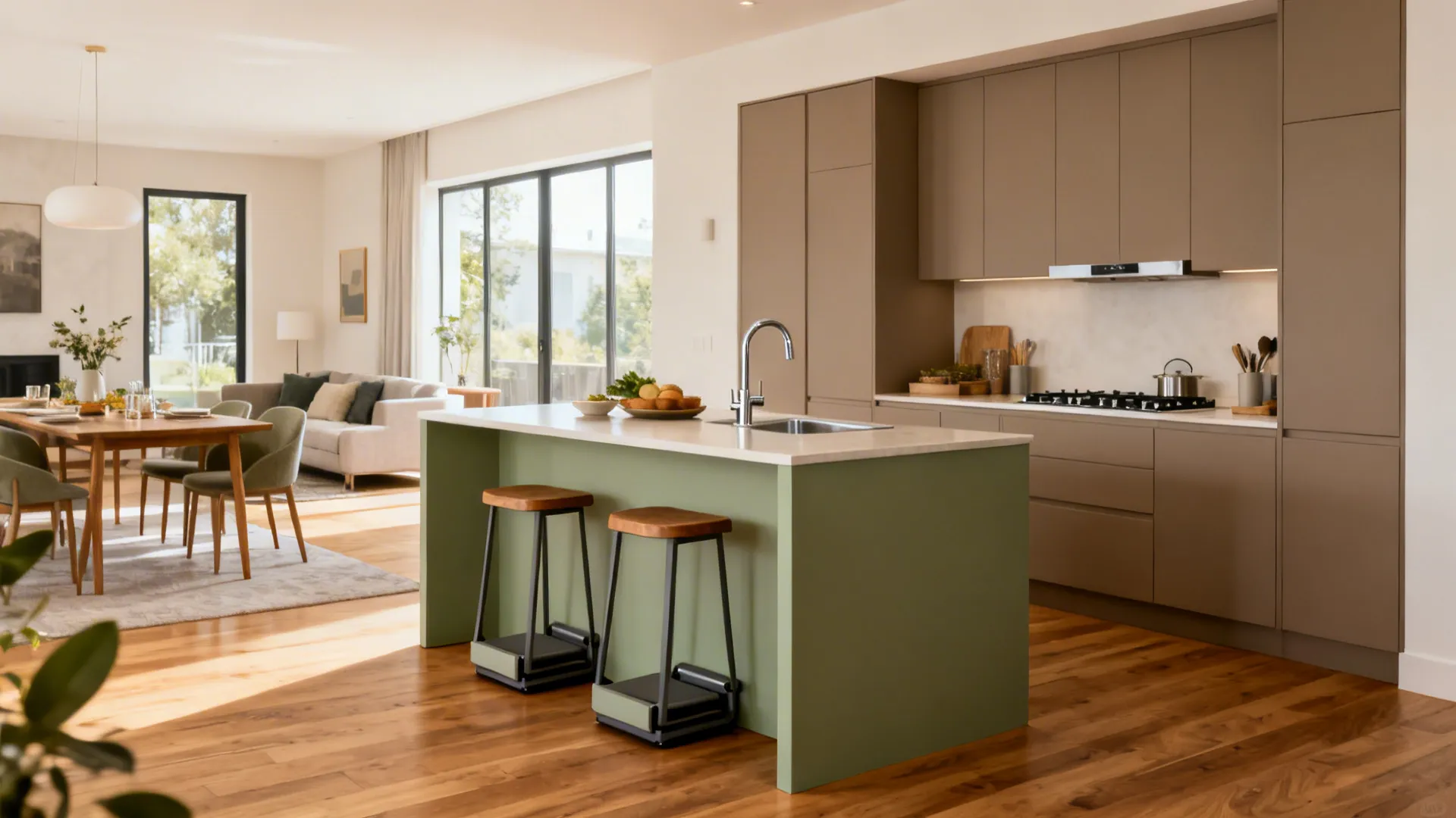 Modern kitchen with green island wooden stools brown cabinets and an open plan living room