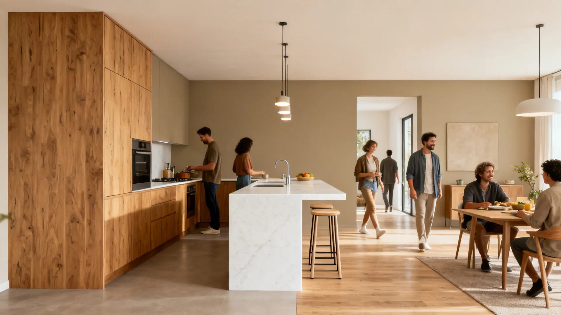 Slim peninsula with waterfall quartz and tucked stools bridges kitchen and dining zones.