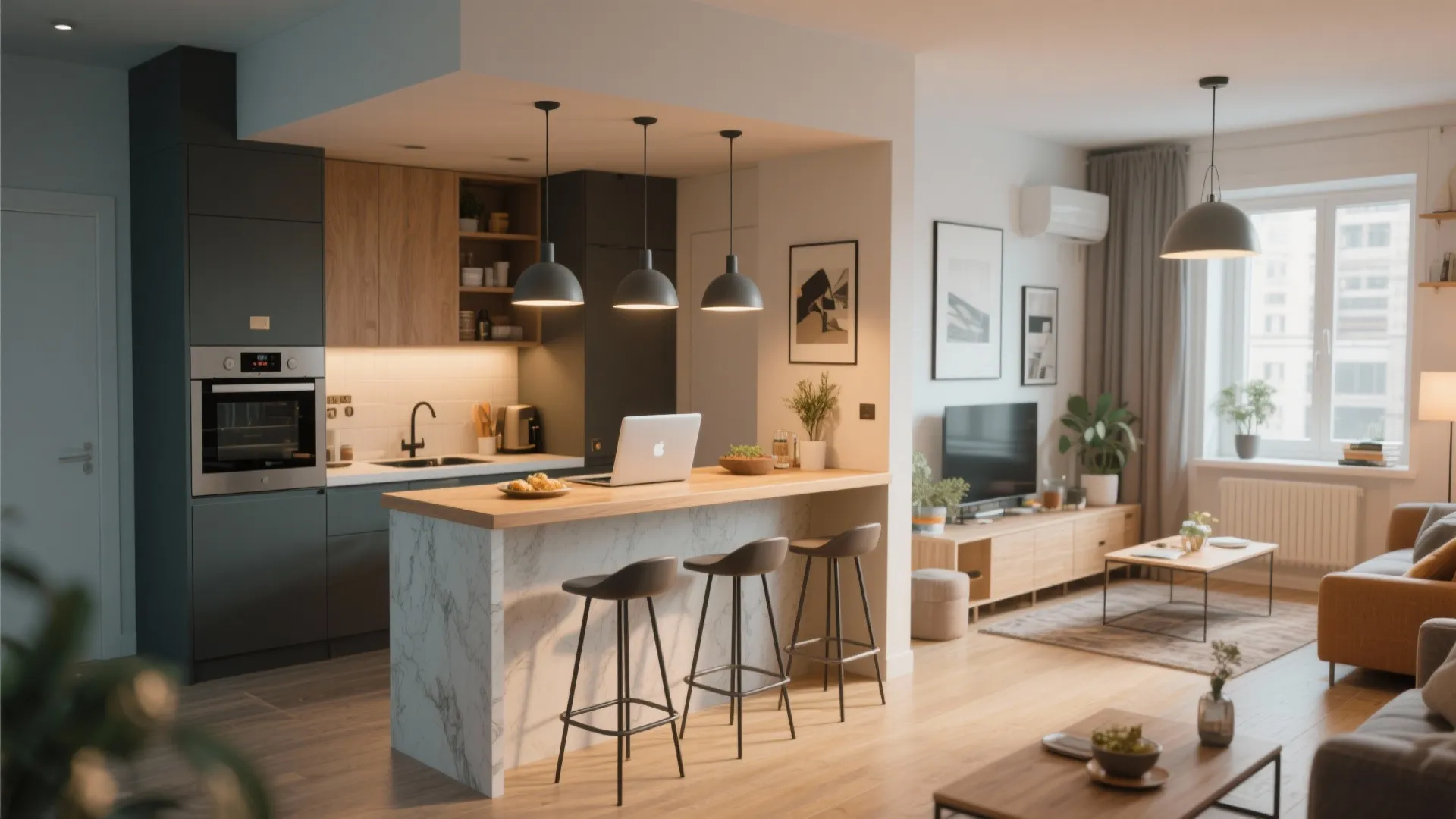 Modern kitchen with marble island, bar stools, black ceiling lights, and open living room view