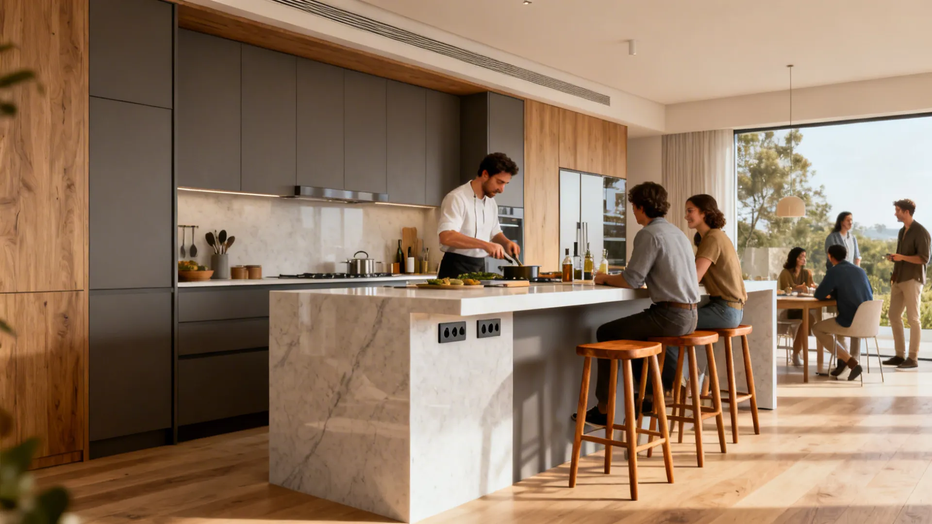 Before-and-after of a tight open kitchen transformed with a peninsula and comfortable seating clearances.