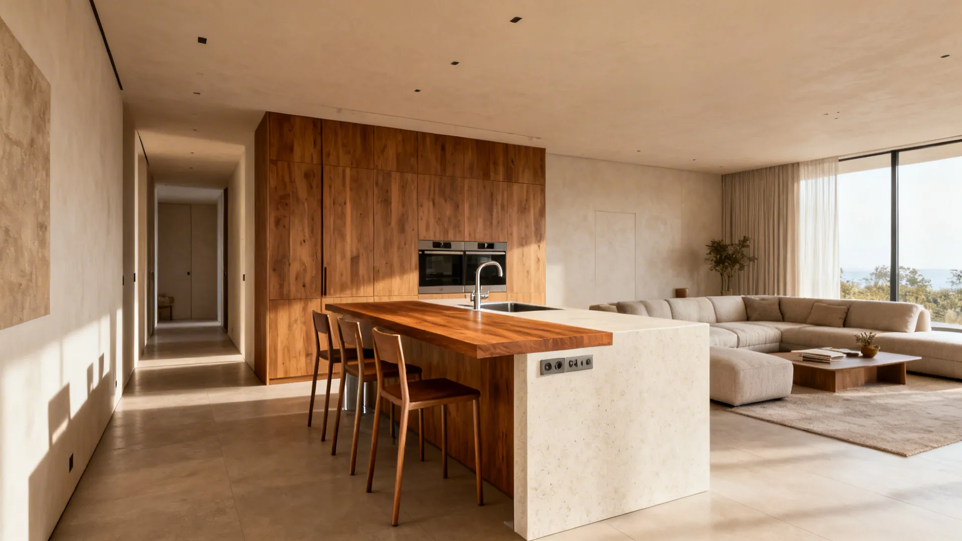 Open kitchen peninsula with slim stools zoning the hall and living area, maintaining a clear aisle.
