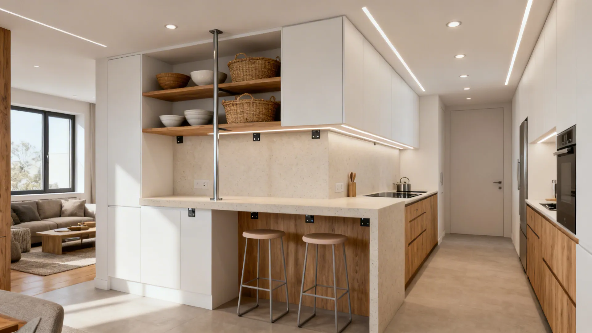 Narrow peninsula breakfast bar with open shelves and a light quartz top in a small kitchen.