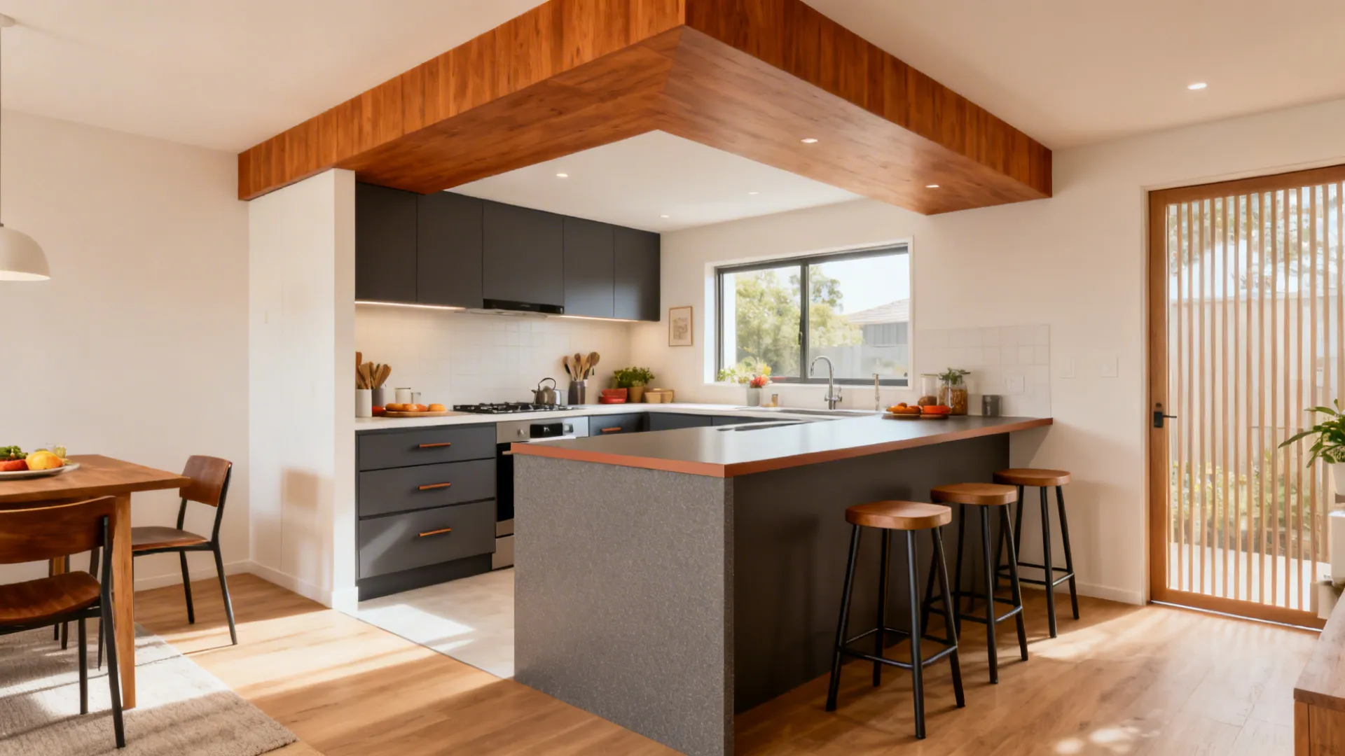 Small kitchen peninsula with seating and deep storage drawers in two-tone finishes.