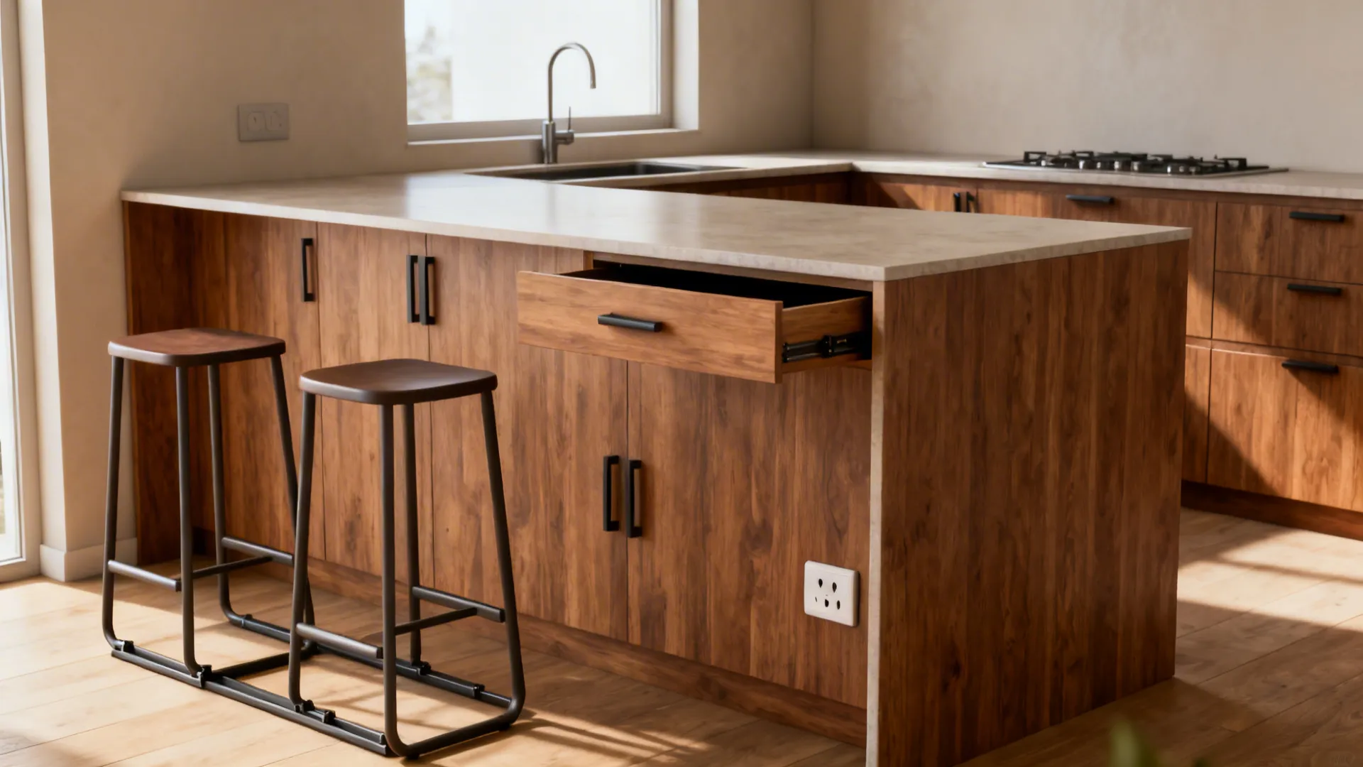 Modern wooden kitchen island featuring an open drawer two stools stone countertop sink and sunlight
