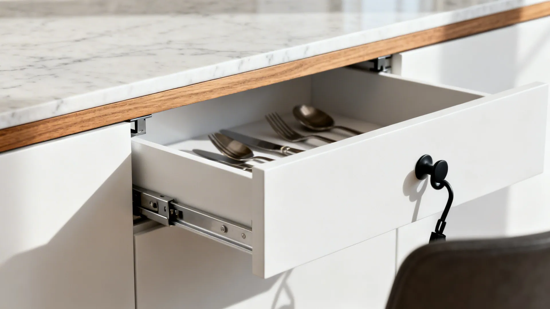 Macro of concealed bracket, shallow drawer, and hook beneath a slim bar overhang.