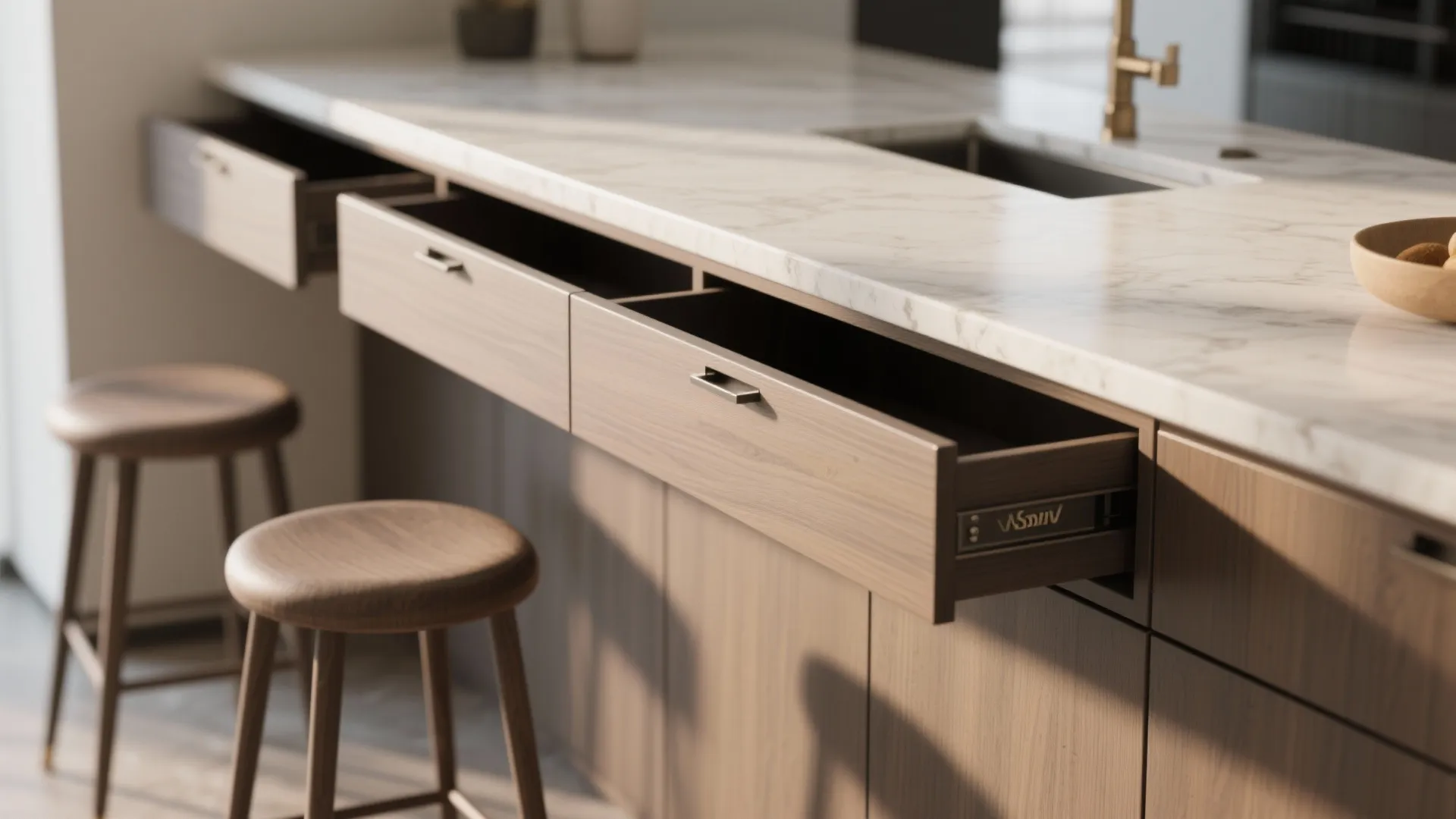 Modern wooden kitchen island with open storage drawers marble countertop and two wooden bar stools