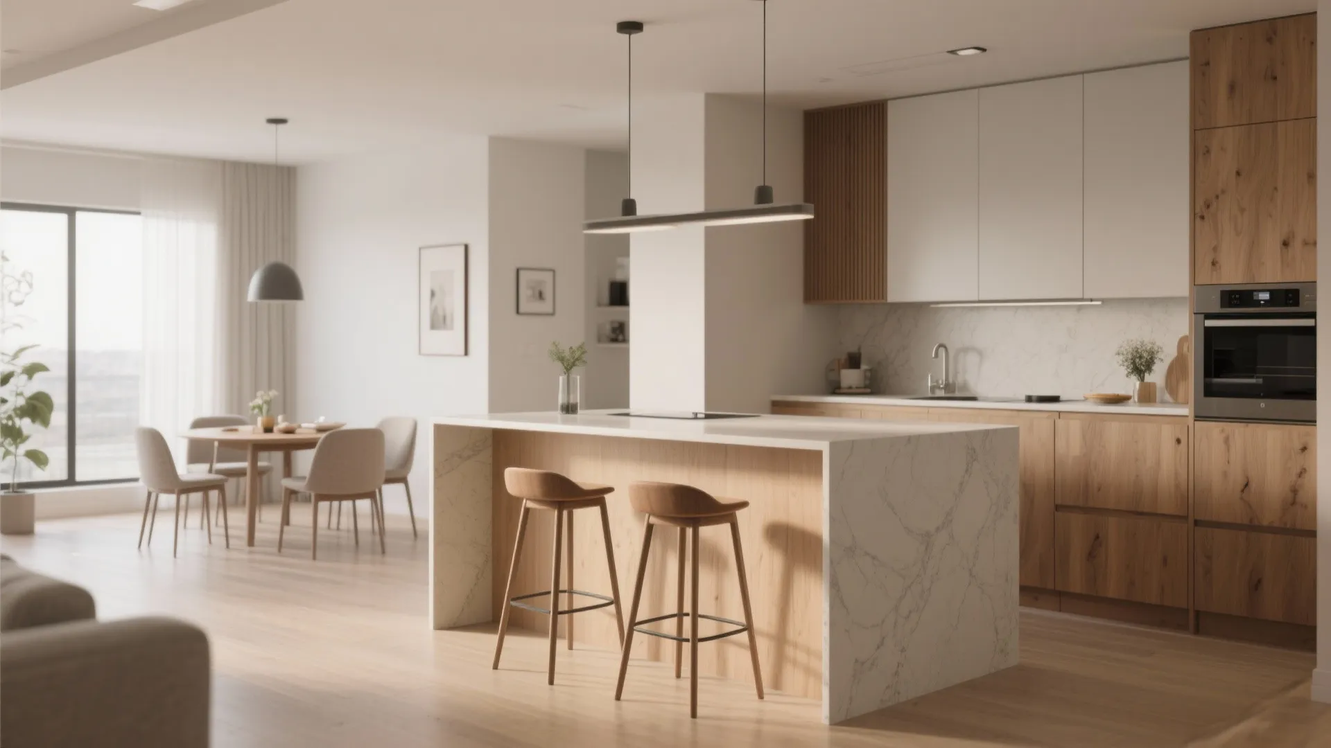Modern kitchen with marble island wooden cabinets bar stools round dining table and large window view