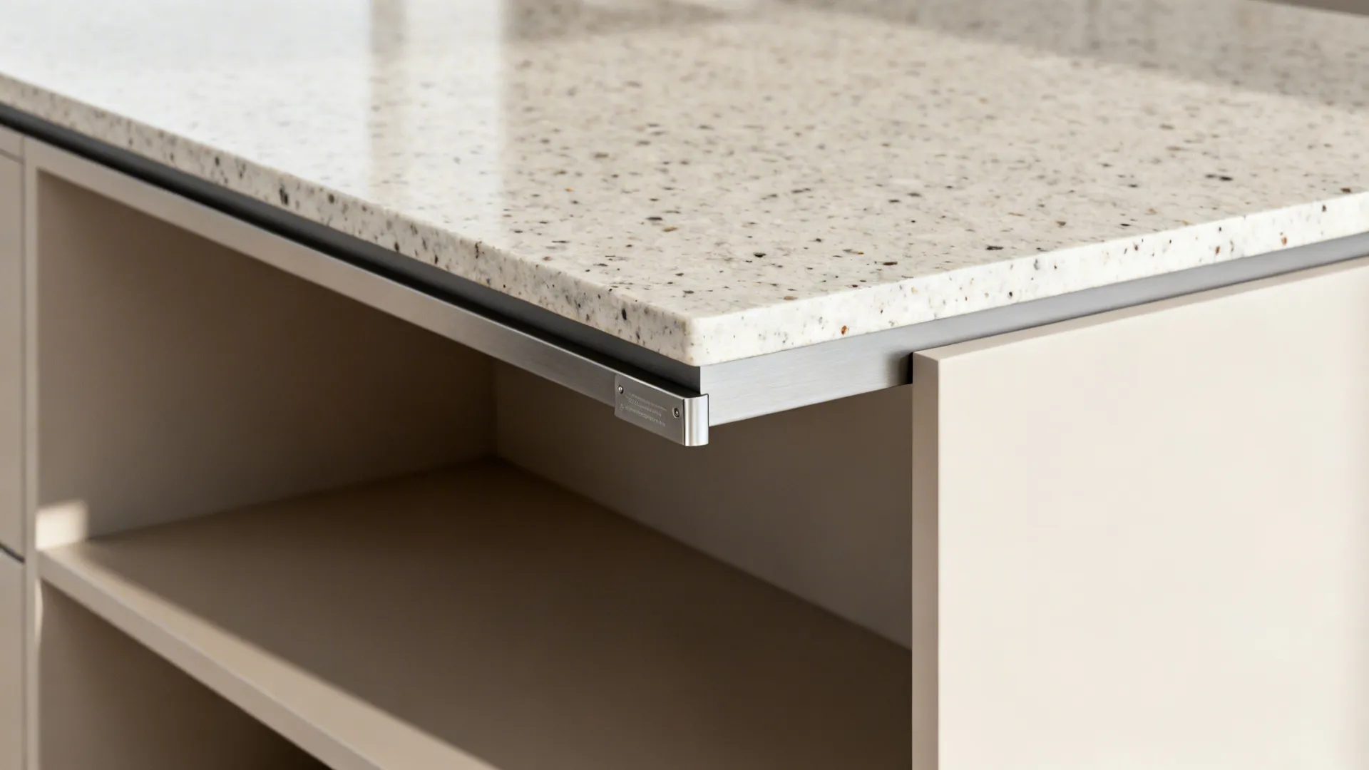 Close-up of a thin quartz overhang with a concealed steel support plate above open shelves.
