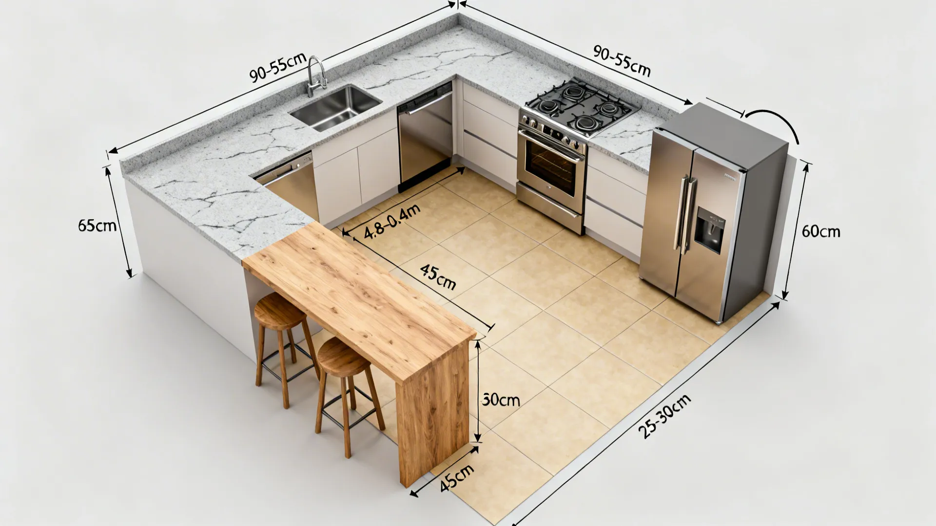 Top-down L-shaped layout with measured aisles, compact triangle, and peninsula seating.