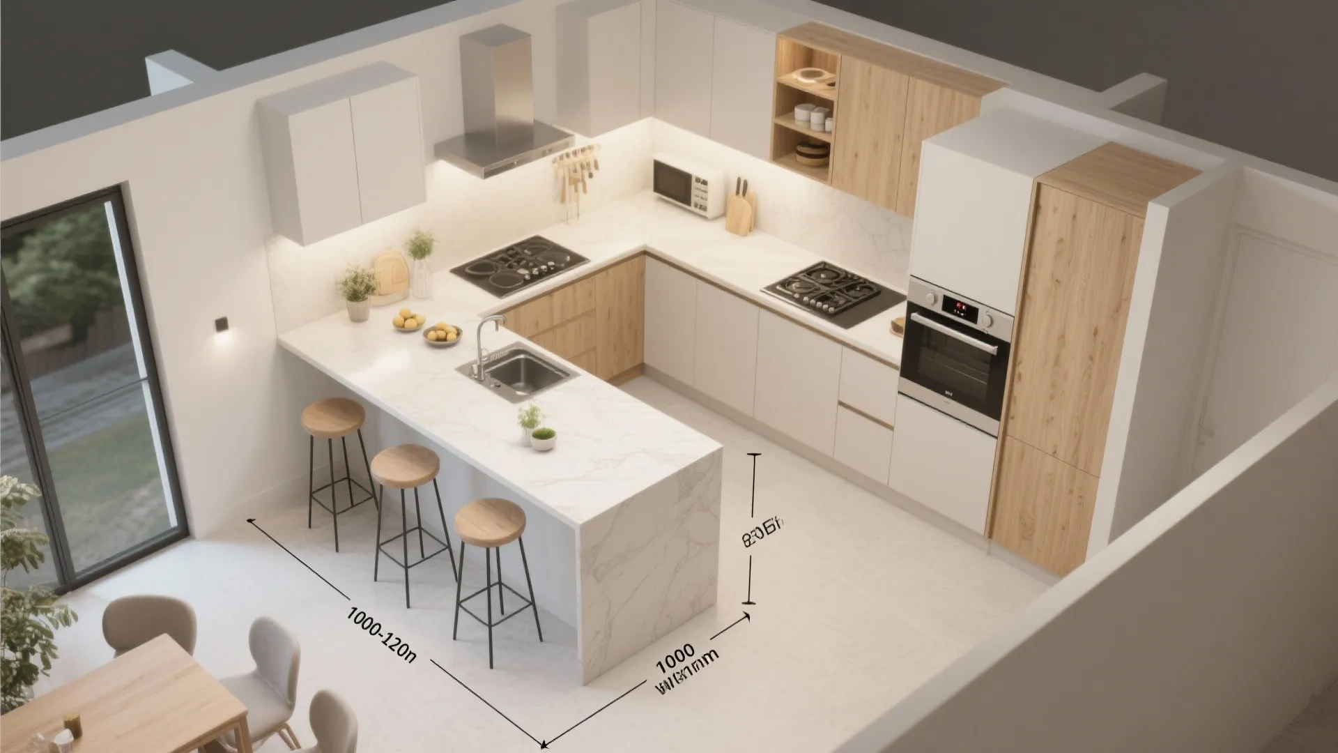 Compact peninsula for dine-in and prep