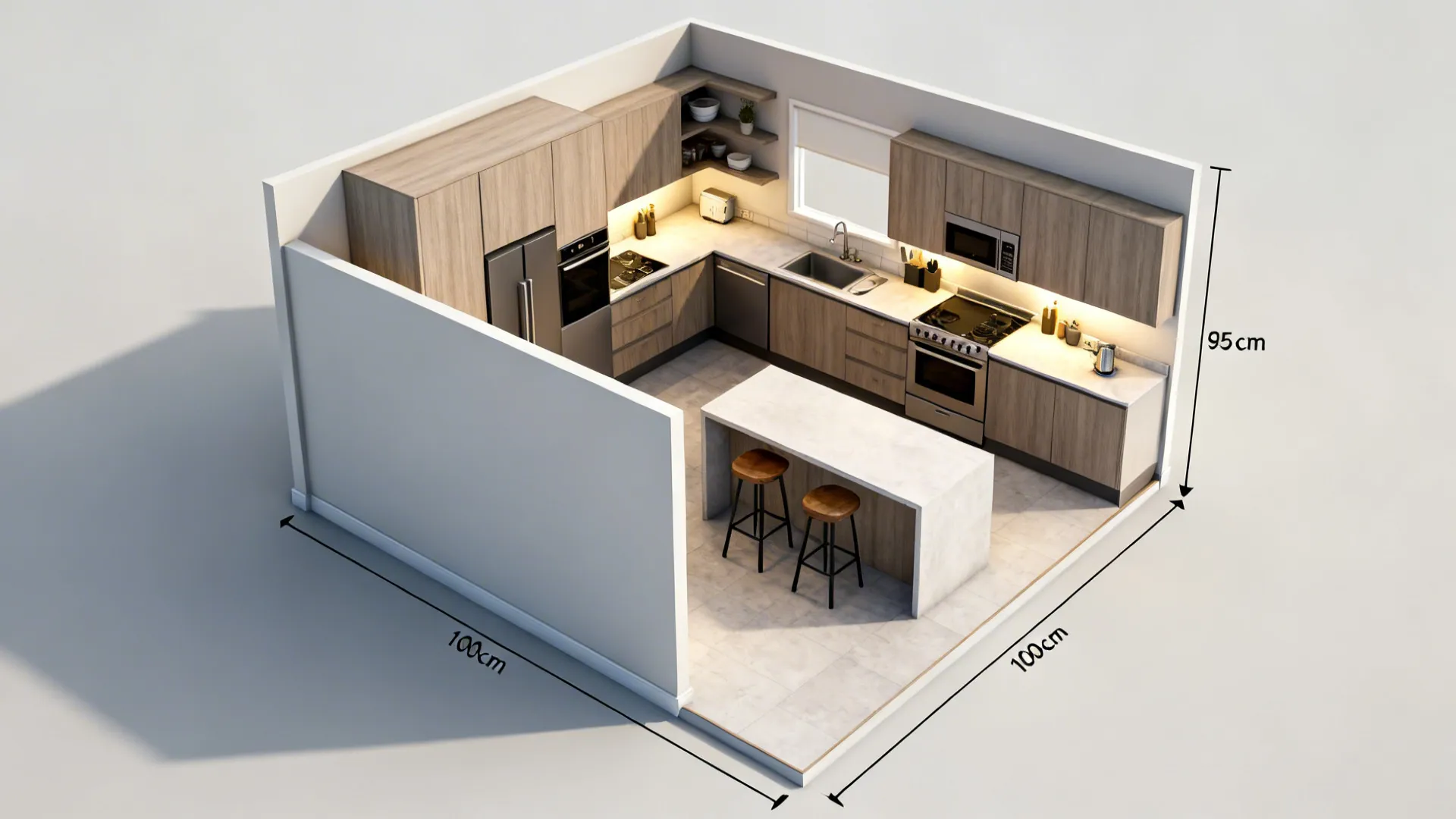 Top-down view showing clearances and overhang around a peninsula with pony wall.